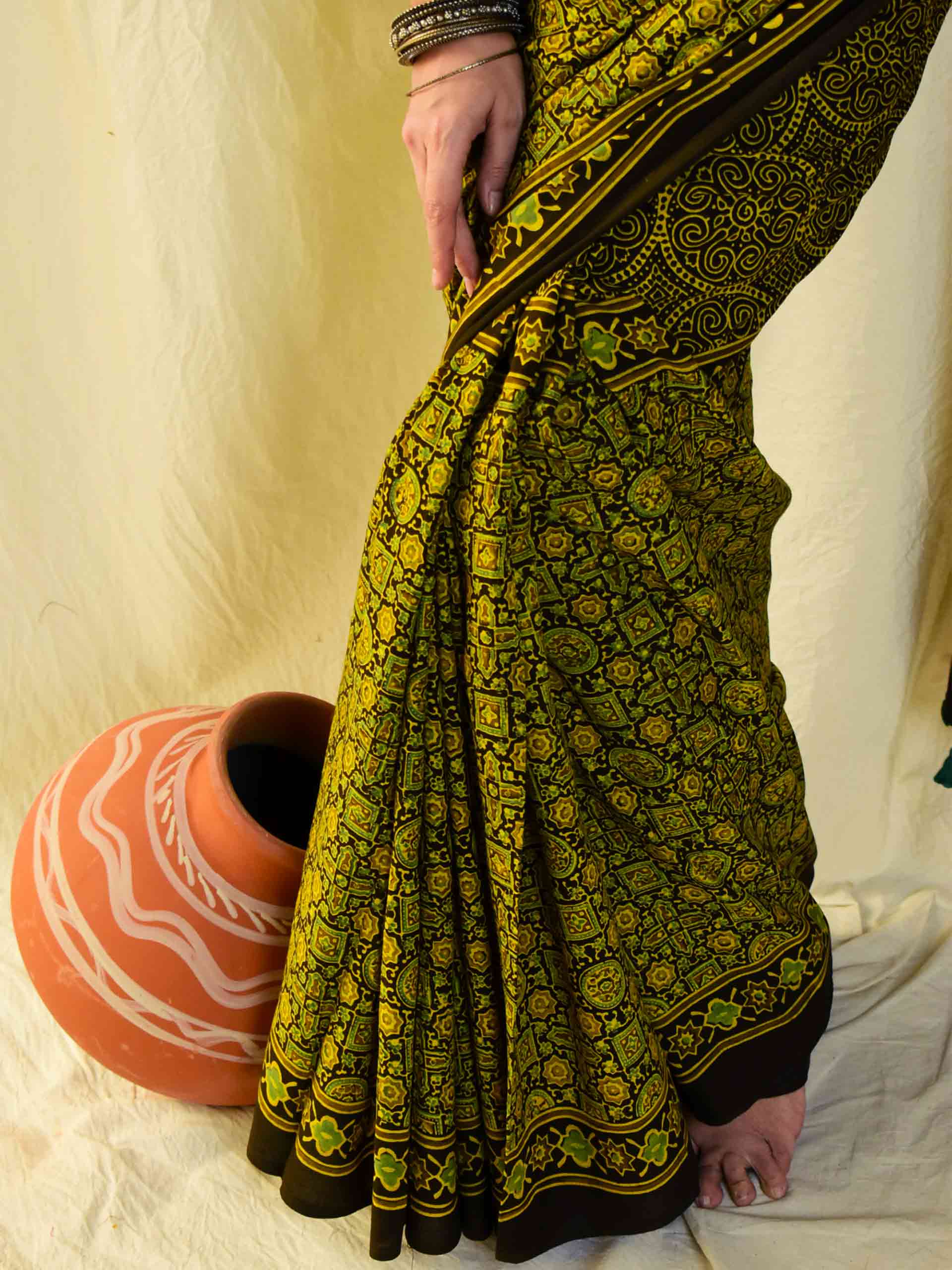 Ajrakh hand block printed mul cotton saree