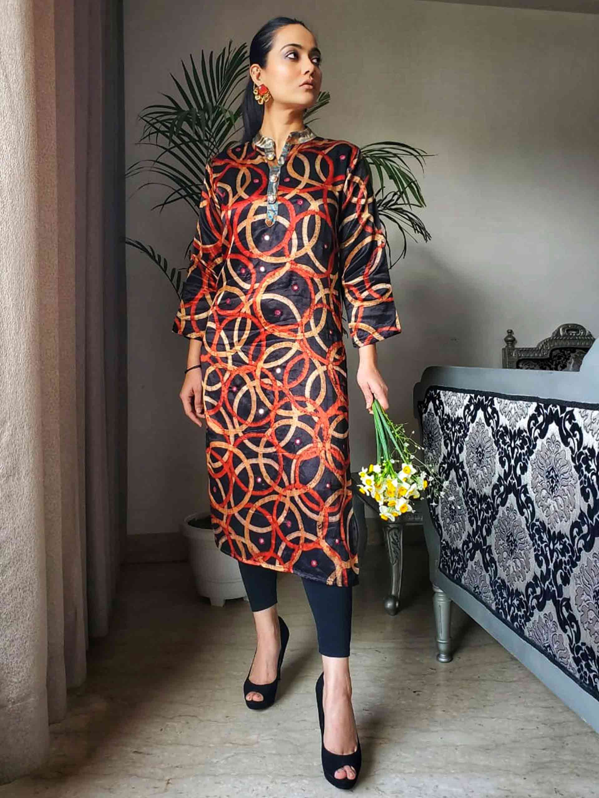 Buy Black Brown Ajrakh Mashru Silk Kurti Online