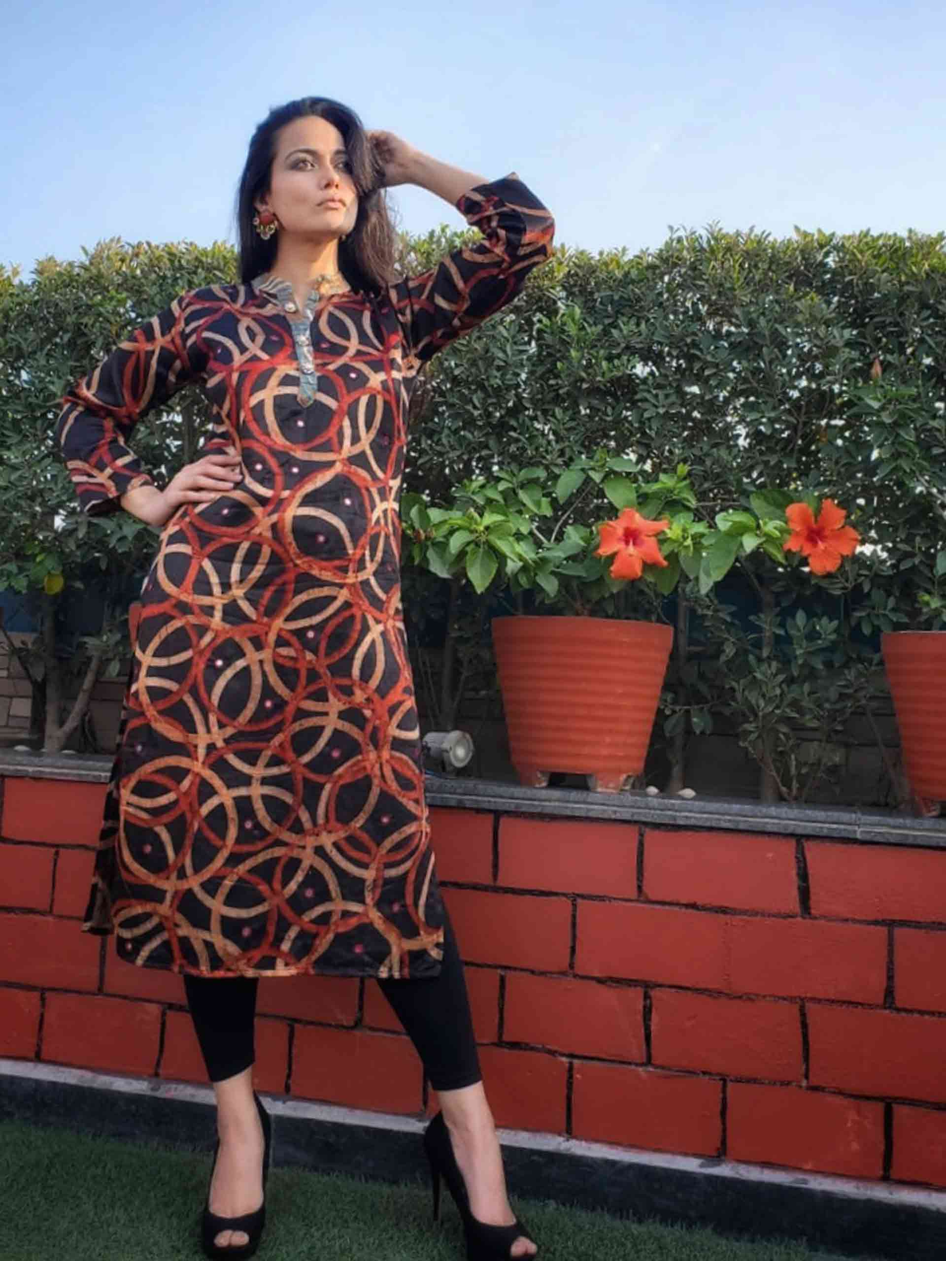 Buy Black Brown Ajrakh Mashru Silk Kurti Online