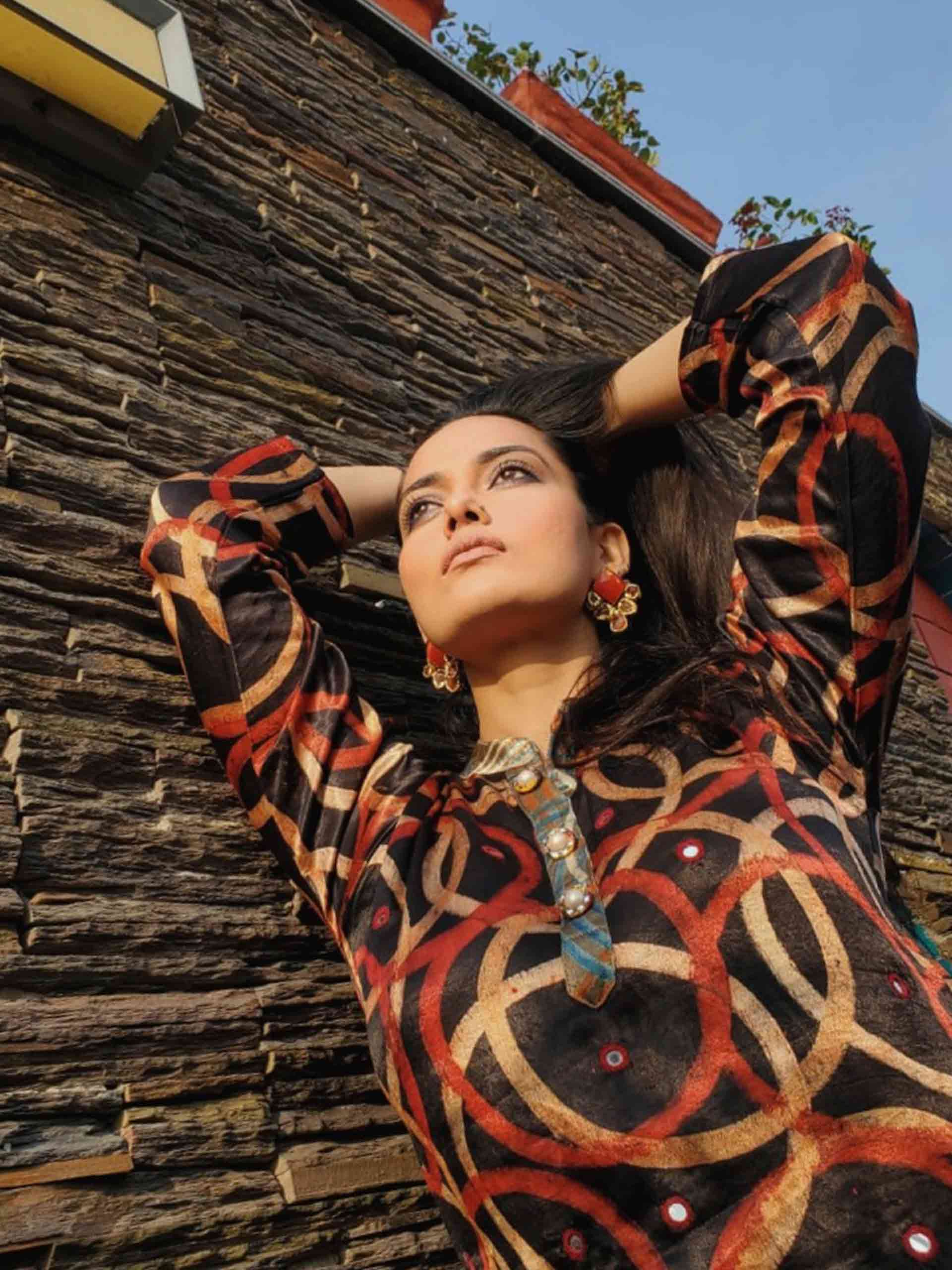 Buy Black Brown Ajrakh Mashru Silk Kurti Online