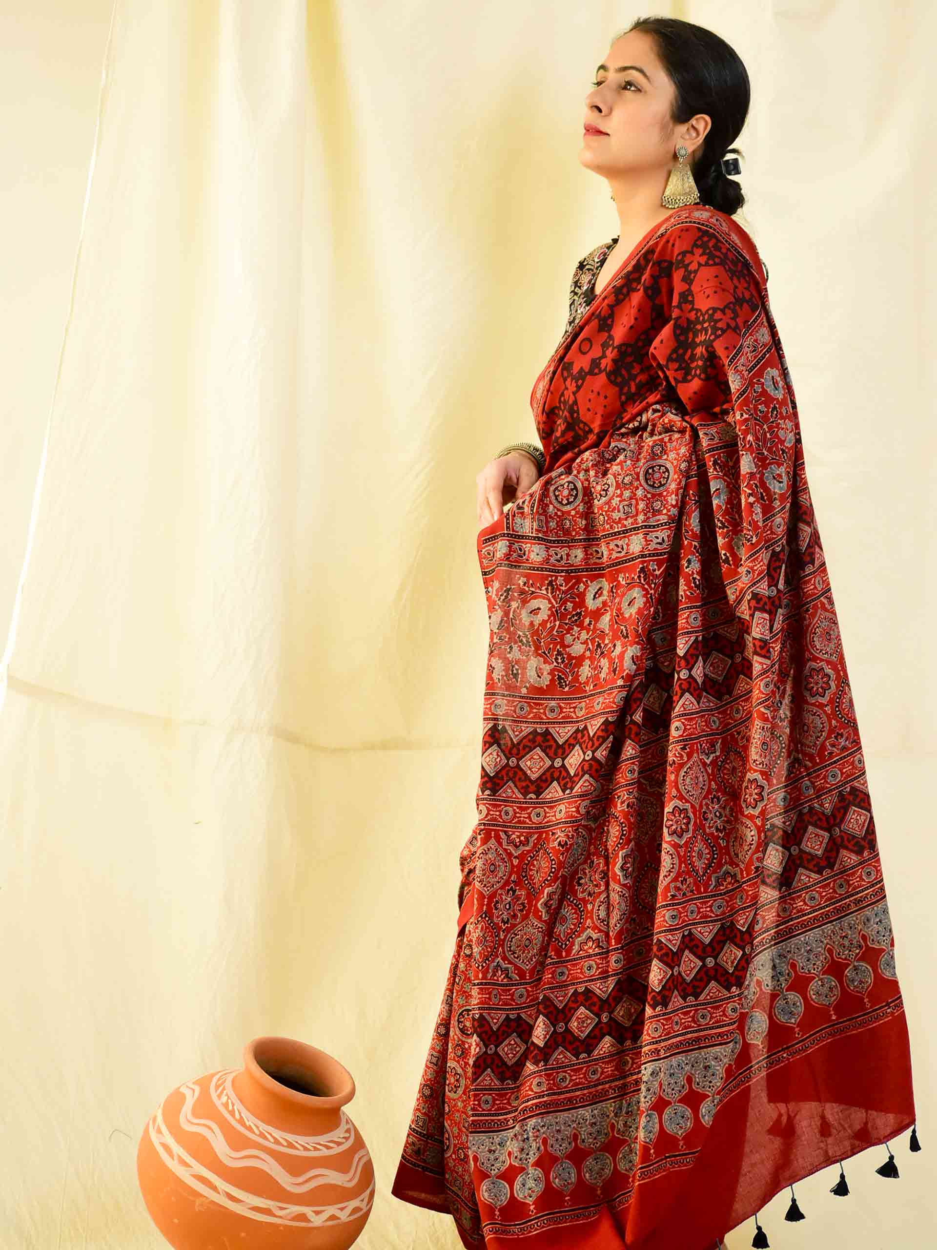 Ajrakh hand block printed mul cotton saree