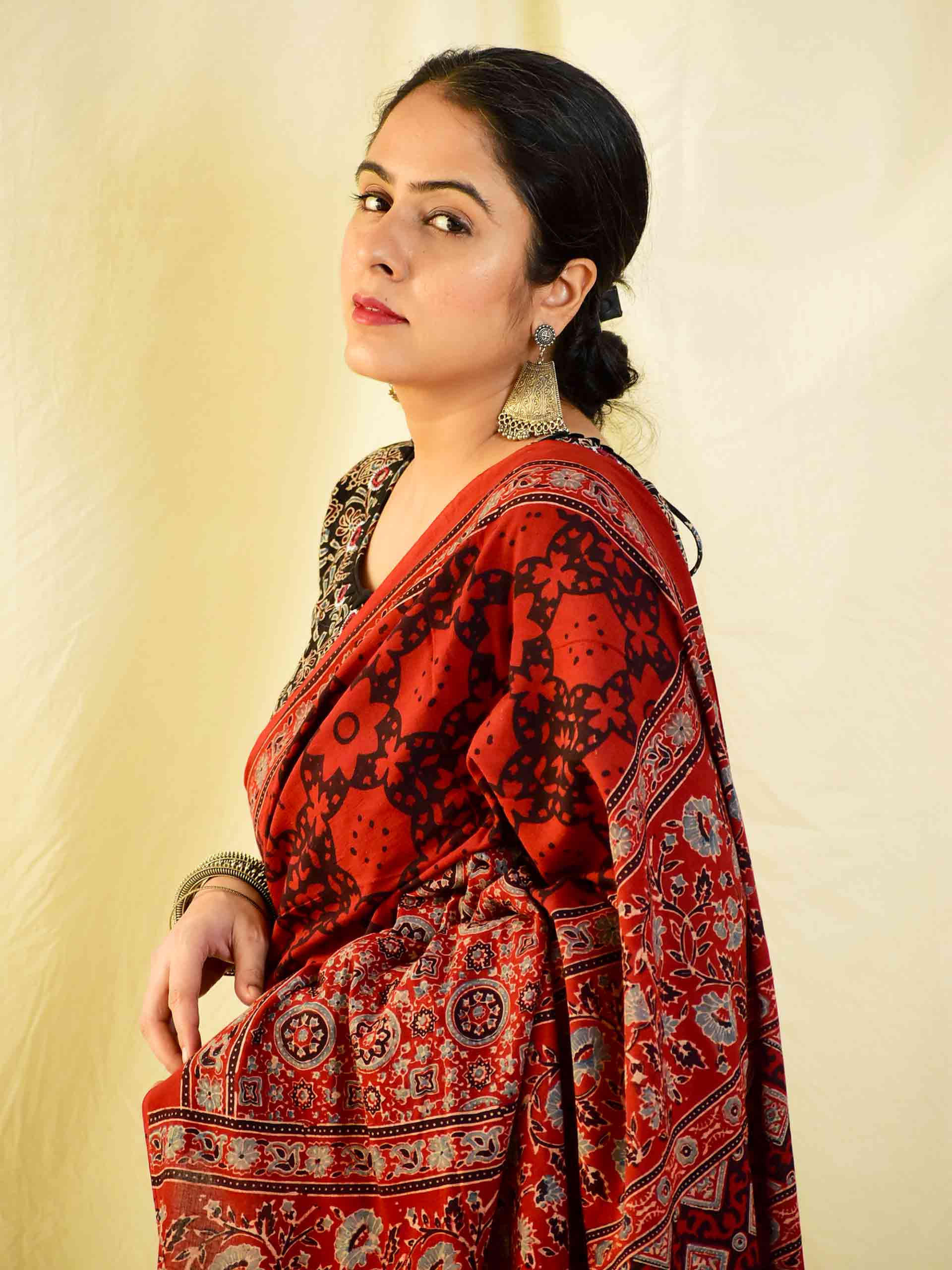 Ajrakh hand block printed mul cotton saree