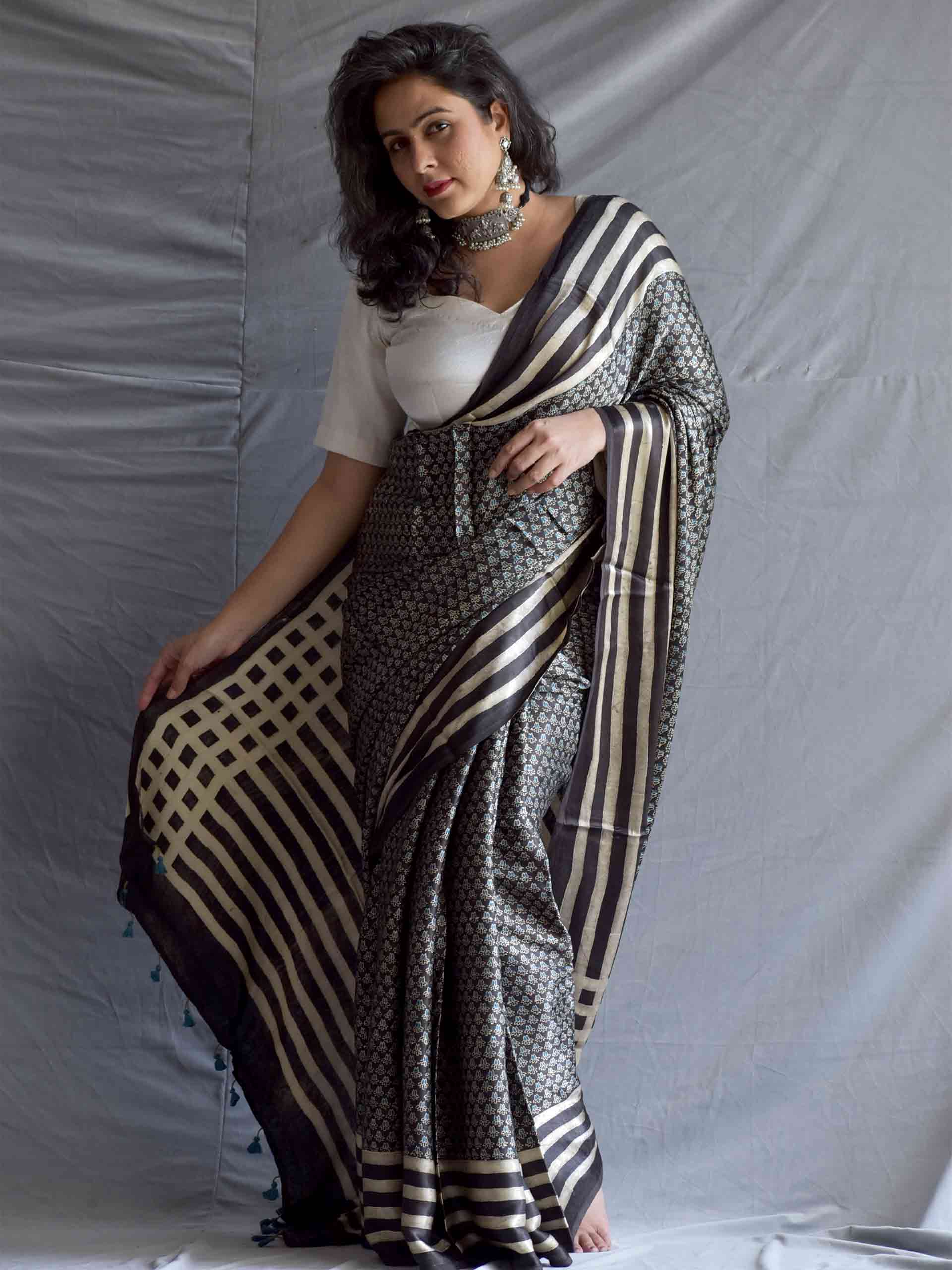 Buy Ajrakh Hand Block Printed Modal Silk Saree Online