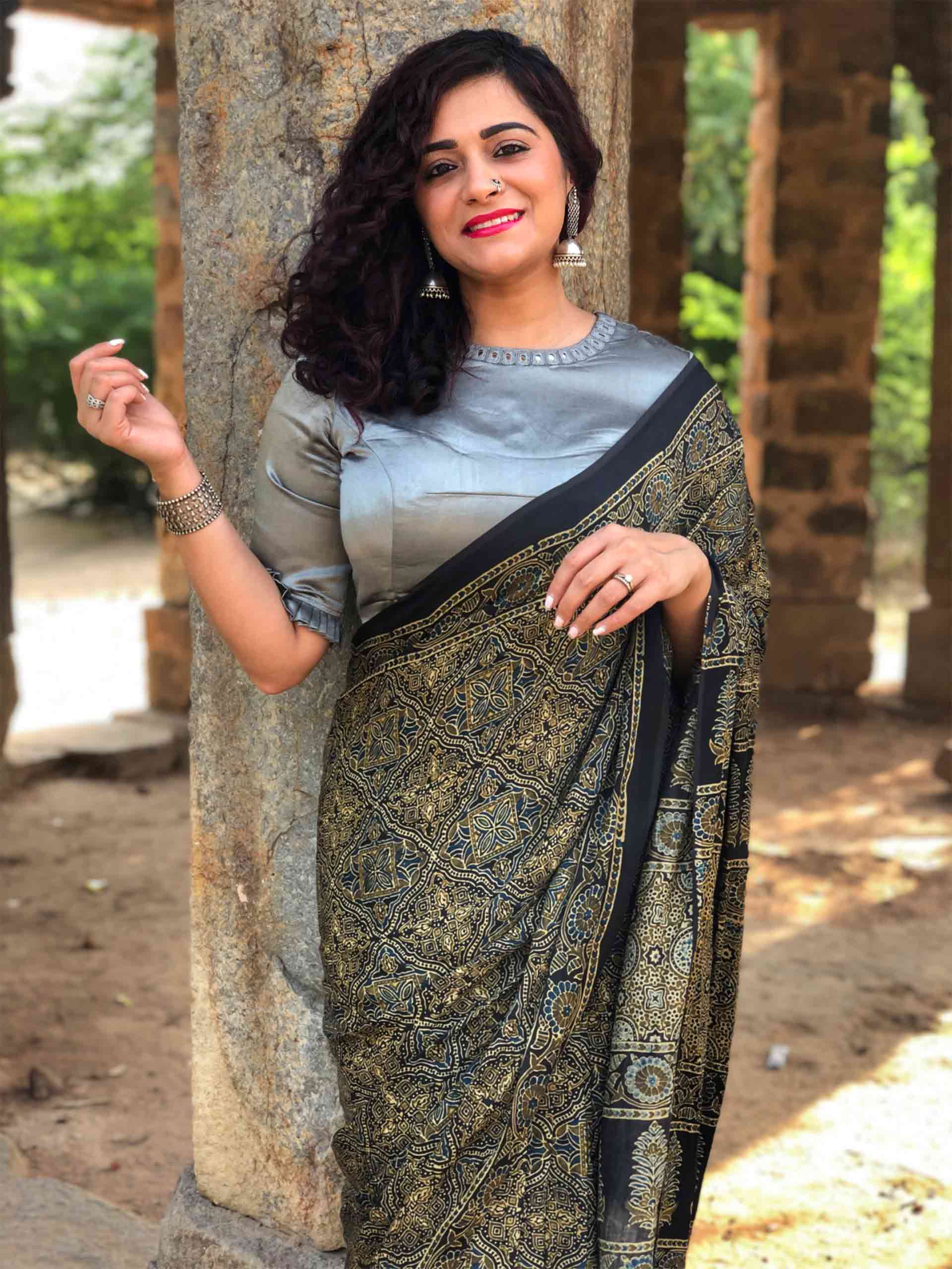 Buy Black Ajrakh hand block printed Modal silk saree