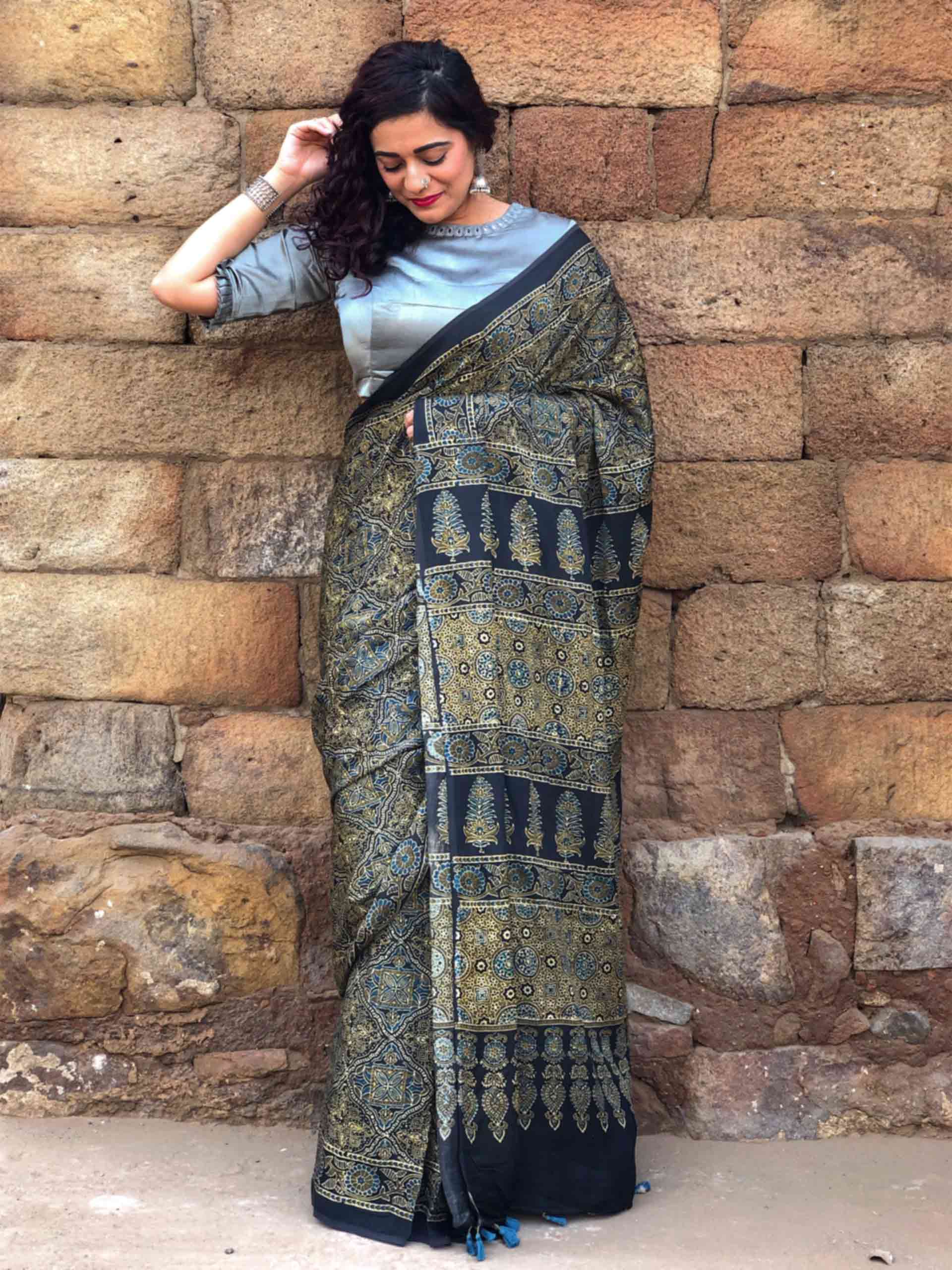 Buy Black Ajrakh hand block printed Modal silk saree