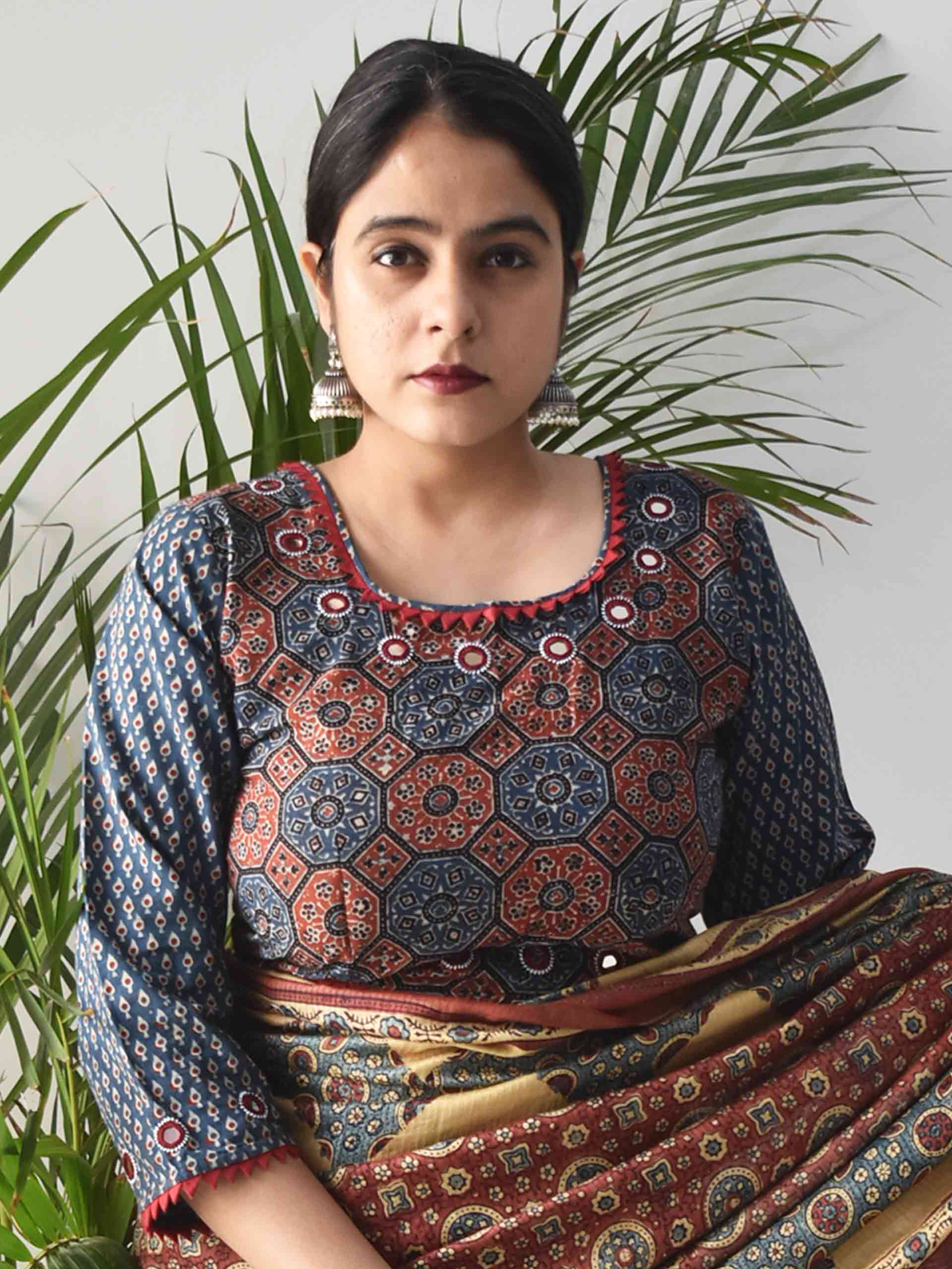 Blue Ajrakh hand block printed Kutch mirror work blouse