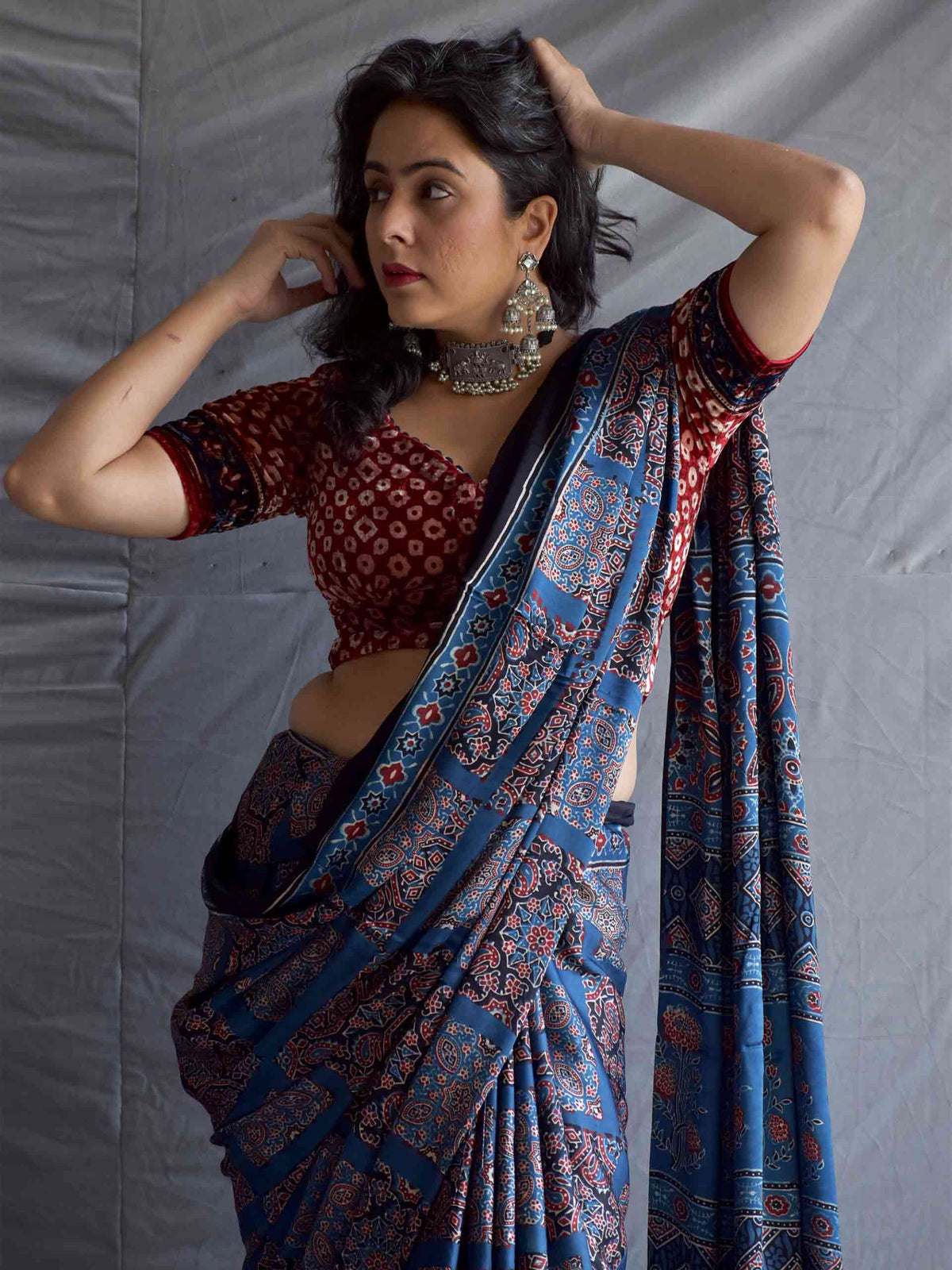 Shop Ajrakh Hand Block Printed Cotton Sarees