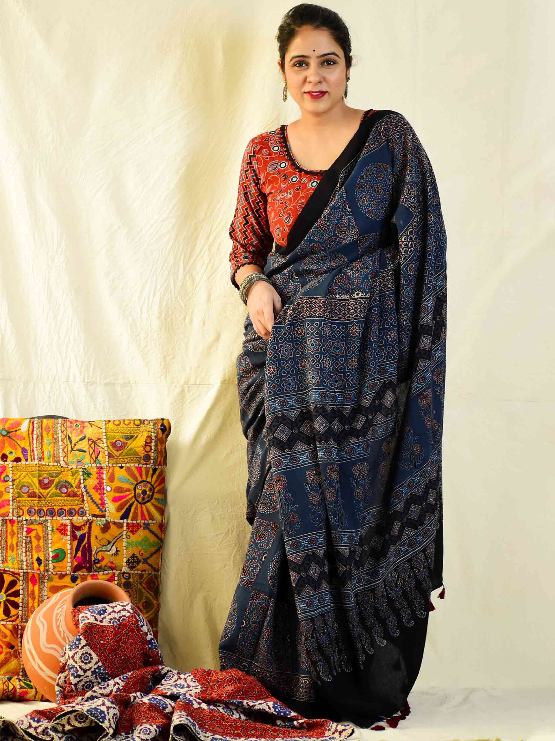 Ajrakh hand block printed mul cotton saree