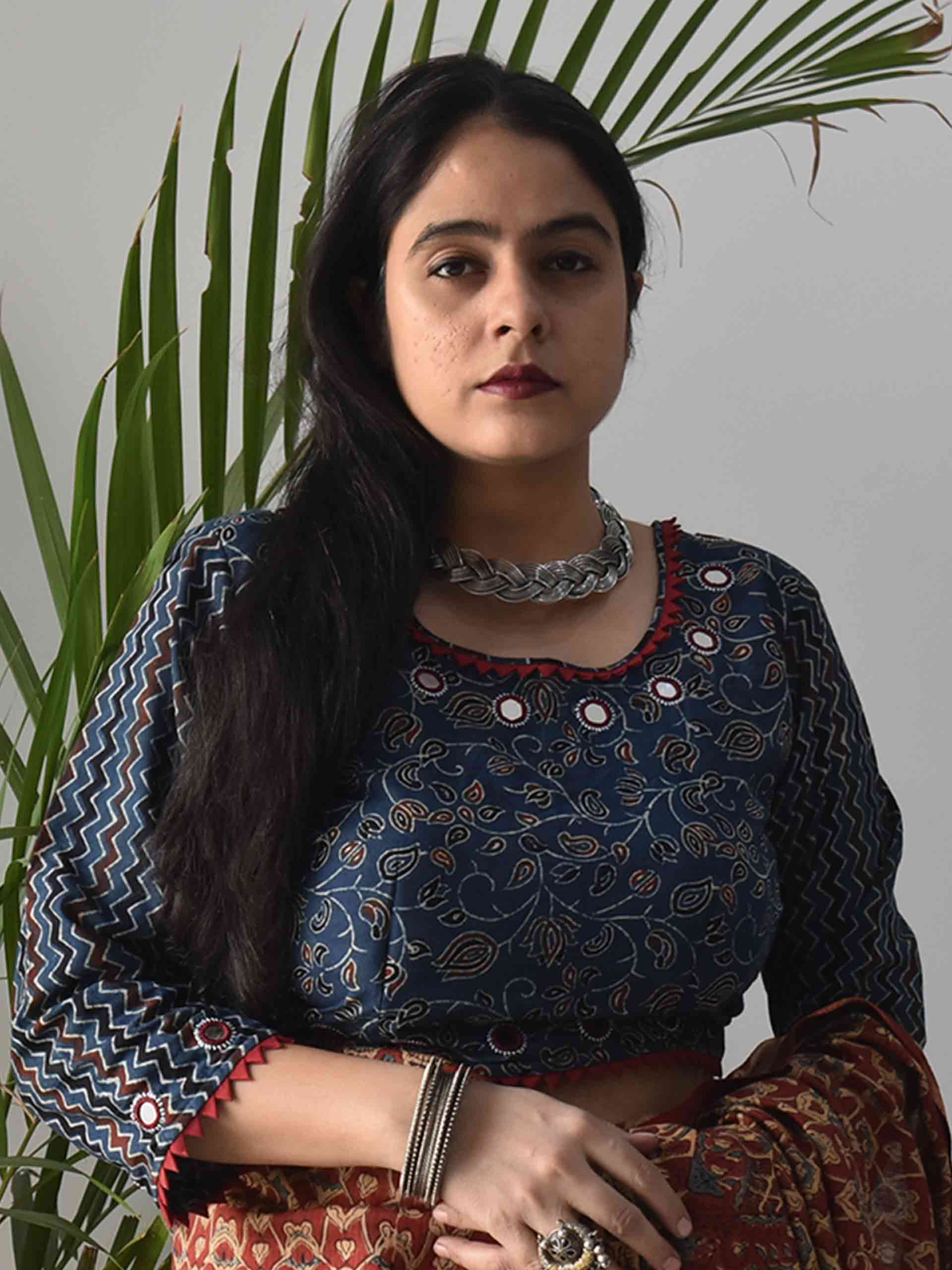 Buy Blue Floral Ajrakh hand block printed Kutch mirror work blouse