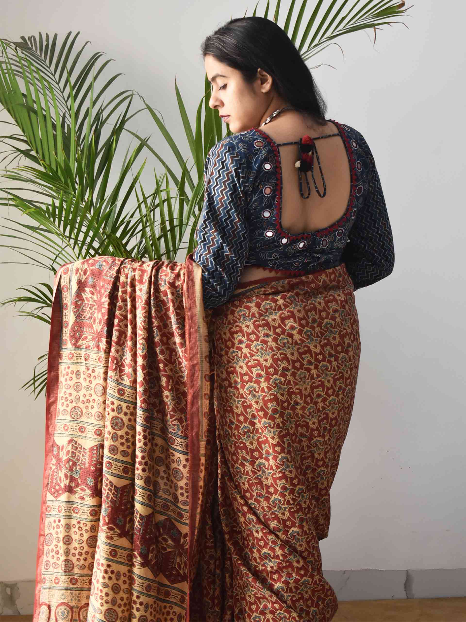 Buy Blue Floral Ajrakh hand block printed Kutch mirror work blouse