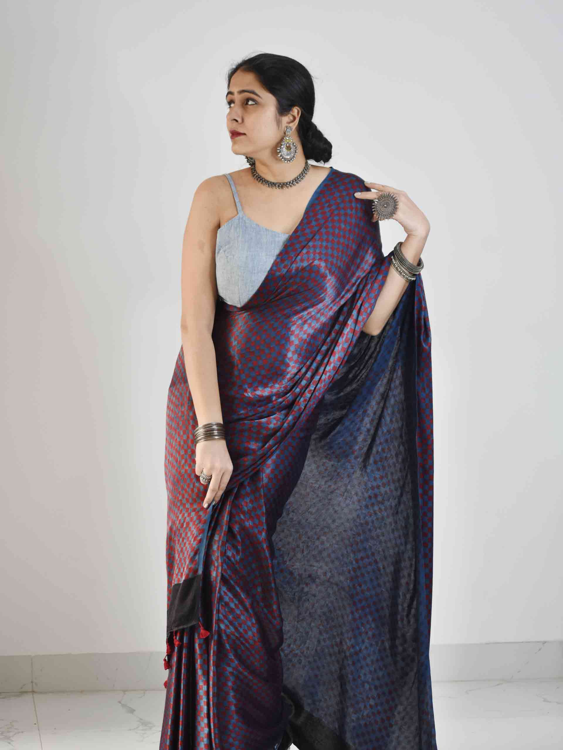 Ajrakh mashru silk saree draping