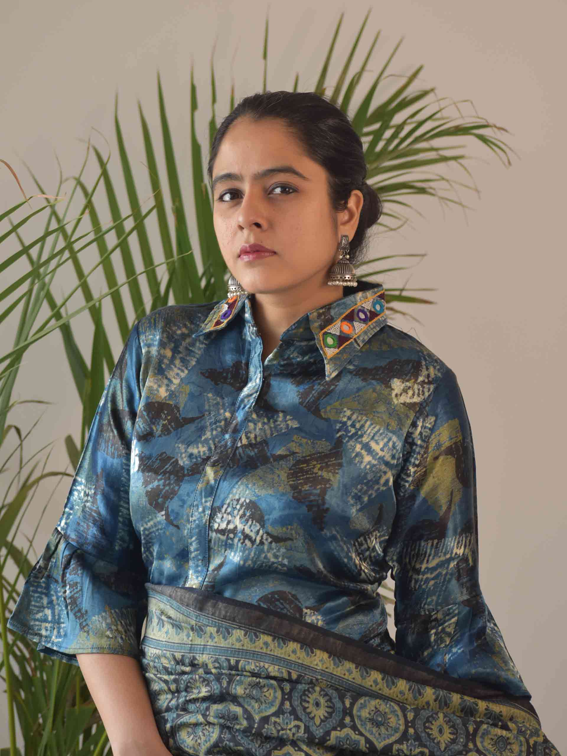 Blue Ajrakh Mashru silk crop top designer blouse