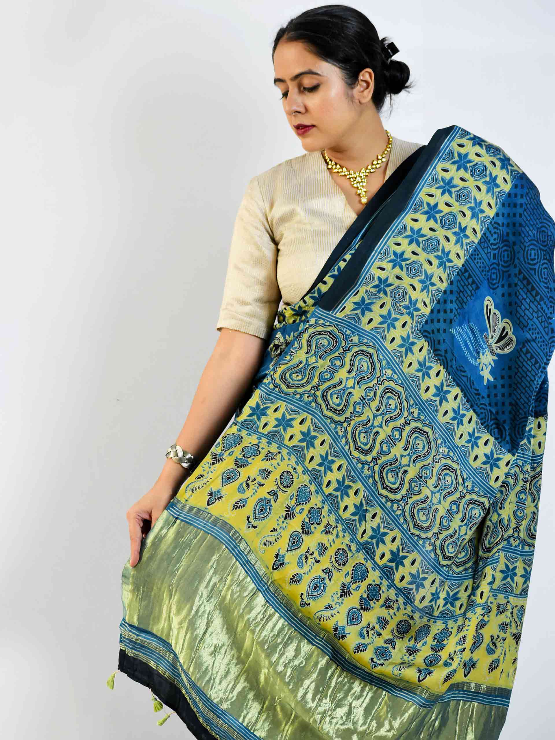 Luna - Ajrakh hand block printed Modal Silk Saree