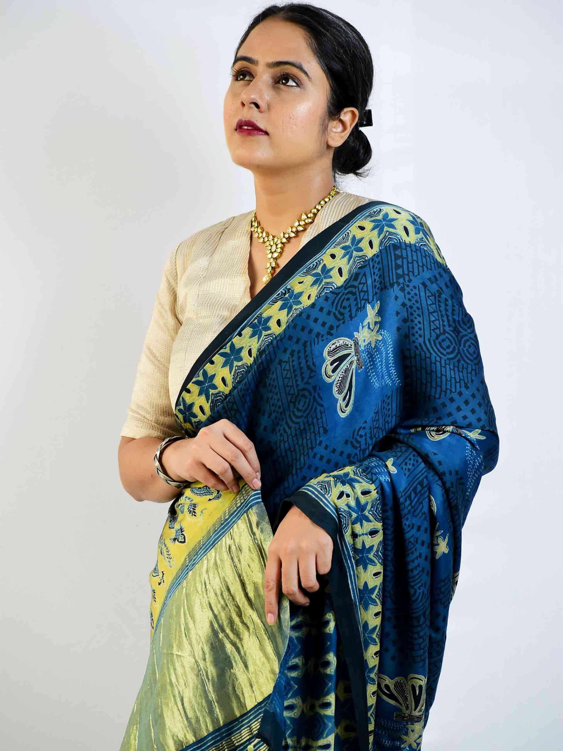 Luna - Ajrakh hand block printed Modal Silk Saree