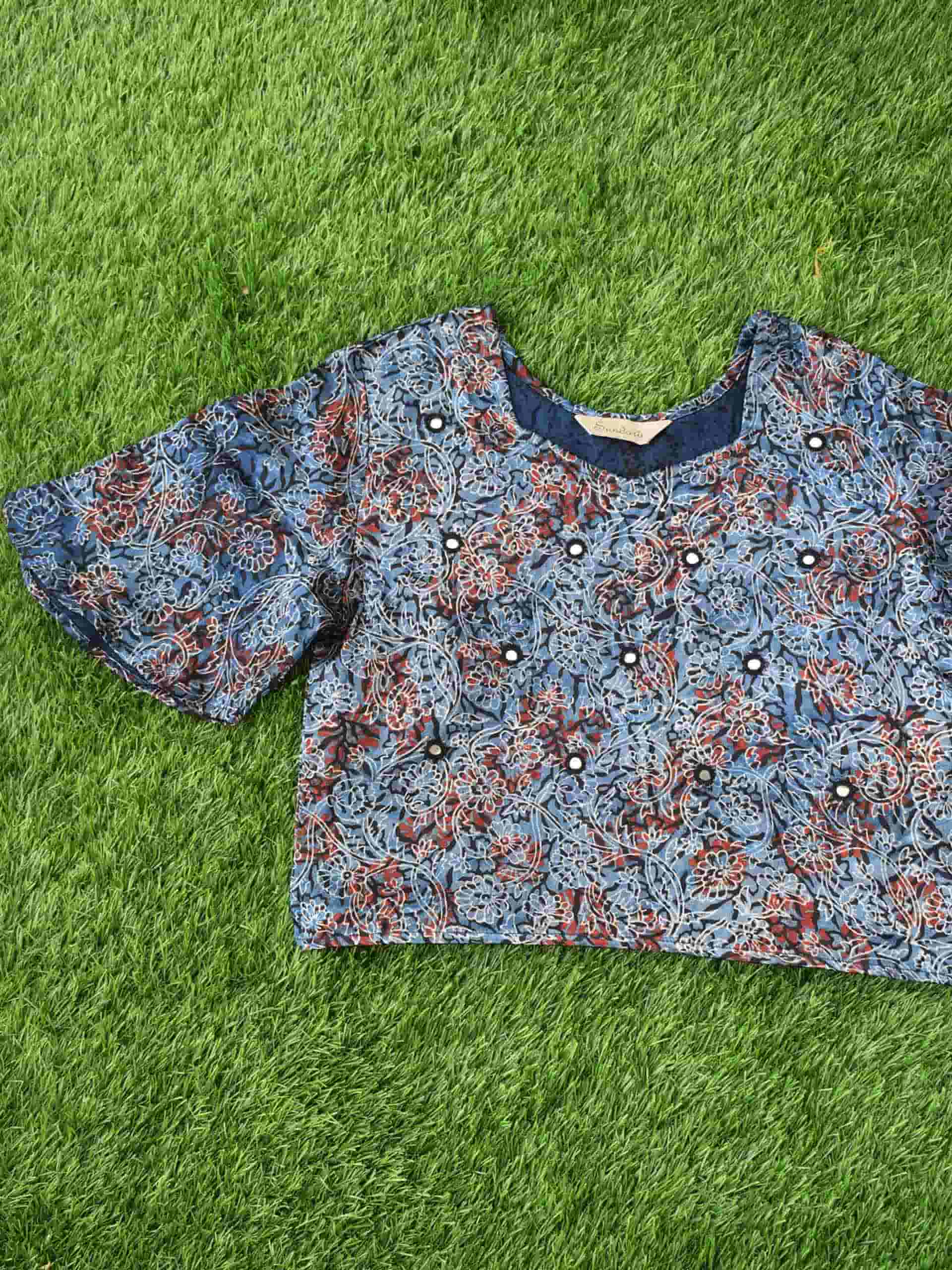 Buy Blue-Butterfly Ajrakh Mashru Silk Blouse
