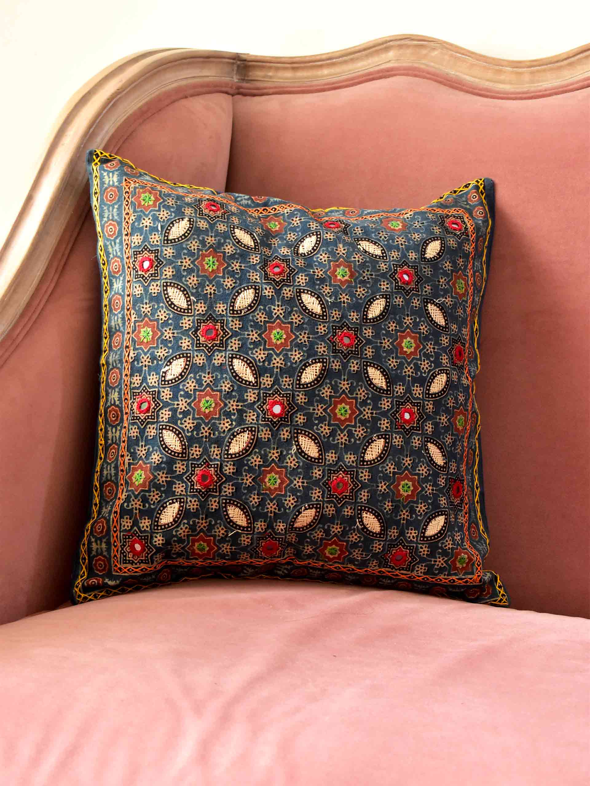 Ranjhana - Ajrakh mirror work cushion cover 16X16