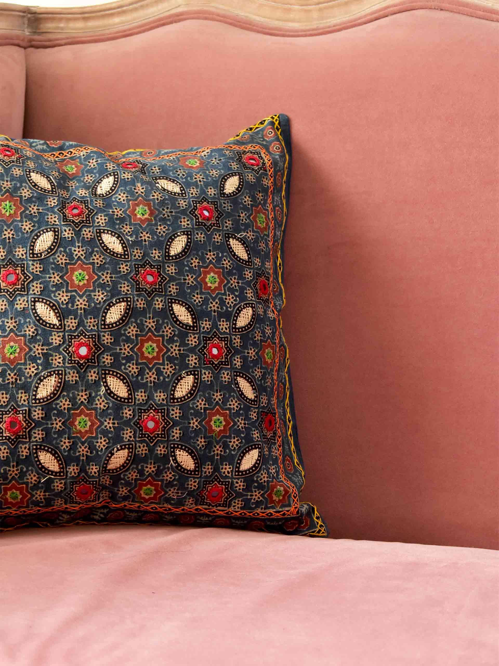 Ranjhana - Ajrakh mirror work cushion cover 16X16