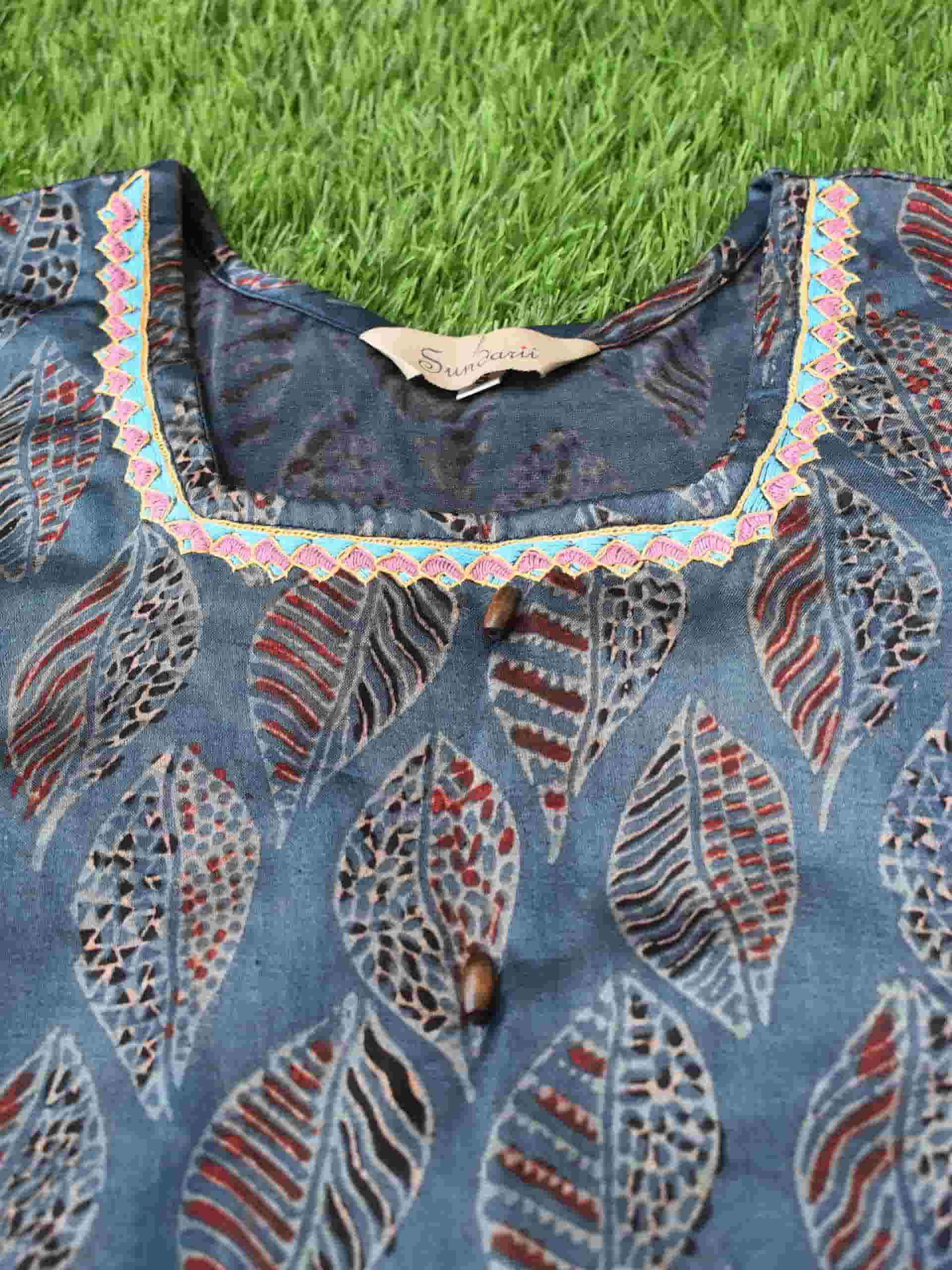 Buy Blue leafy print Ajrakh Mashru Silk blouse online
