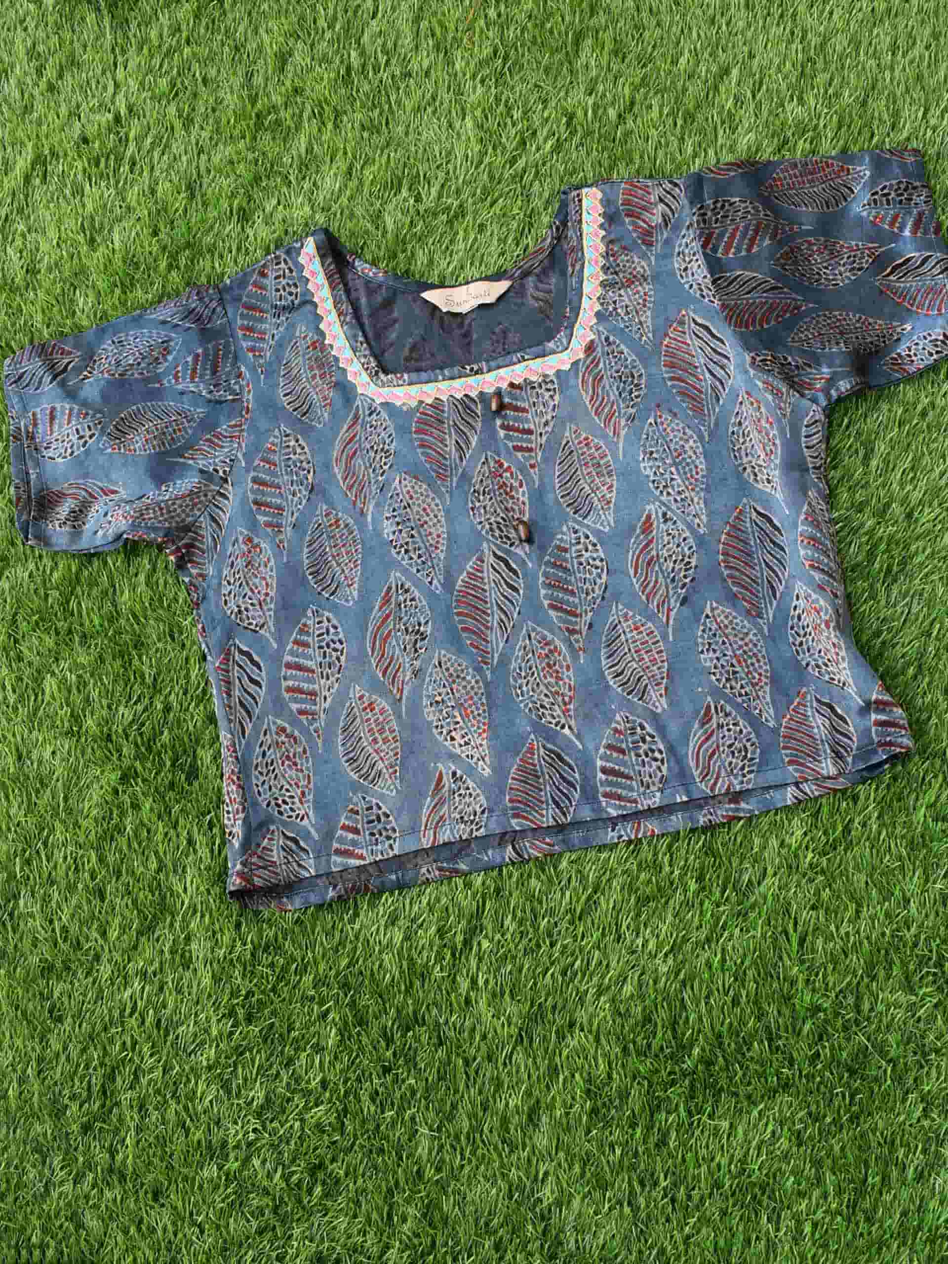 Buy Blue leafy print Ajrakh Mashru Silk blouse online