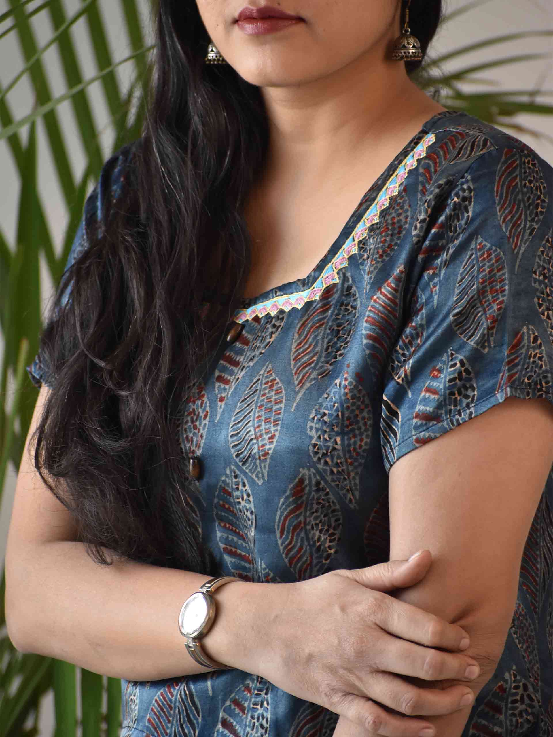 Buy Blue leafy print Ajrakh Mashru Silk blouse online