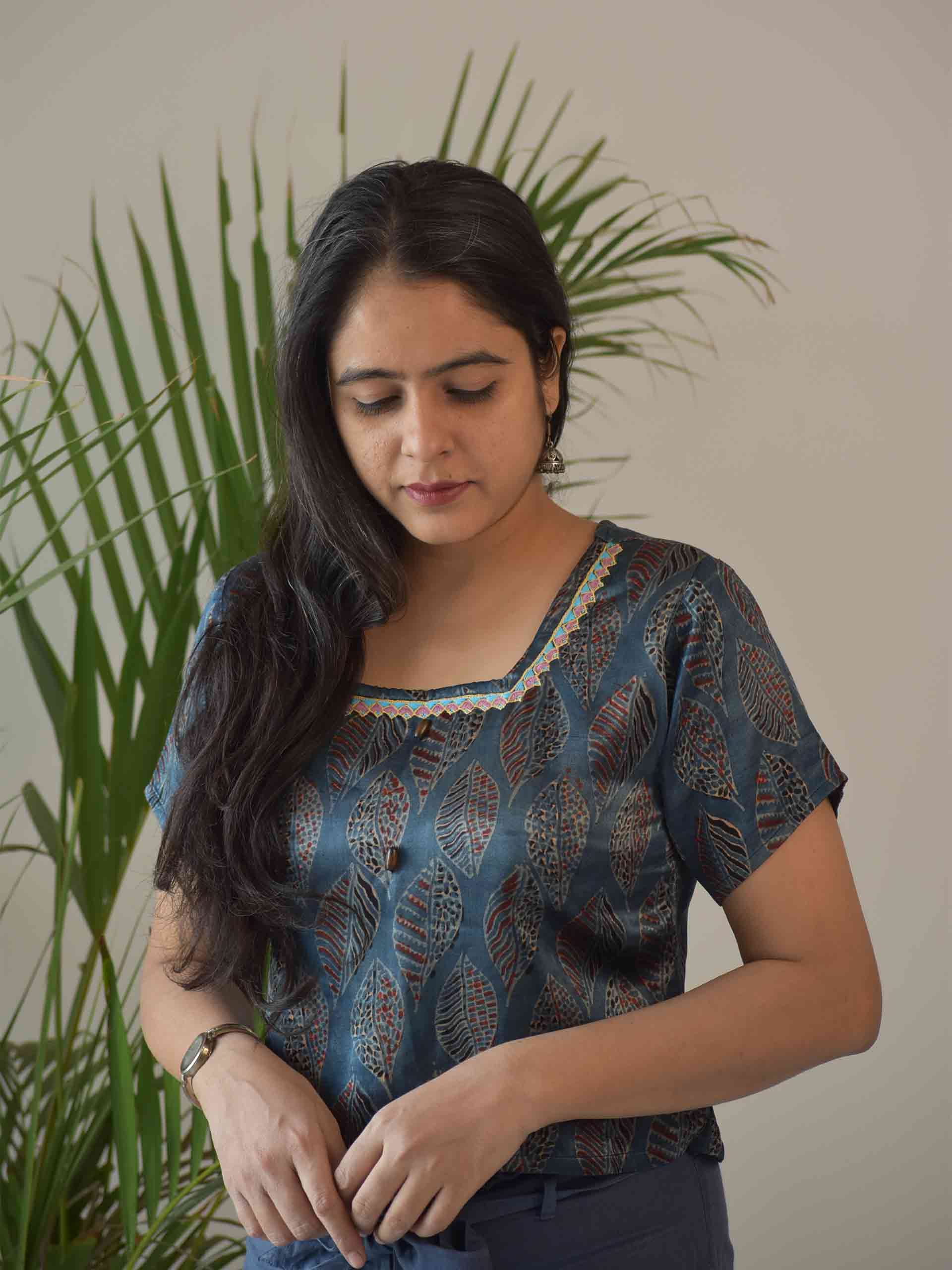 Buy Blue leafy print Ajrakh Mashru Silk blouse online