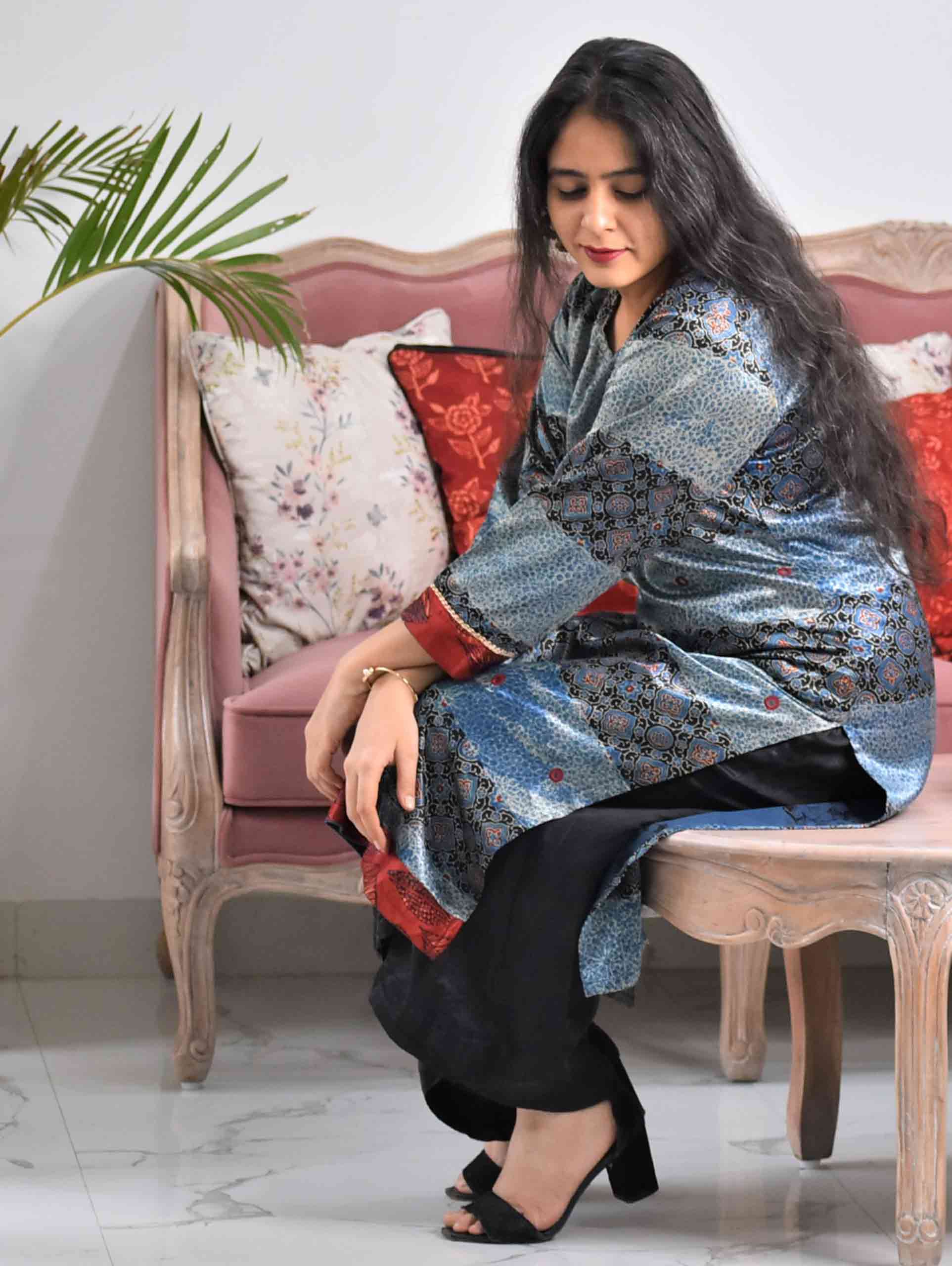 Blue Maroon Ajrakh Mashru Silk Kurti