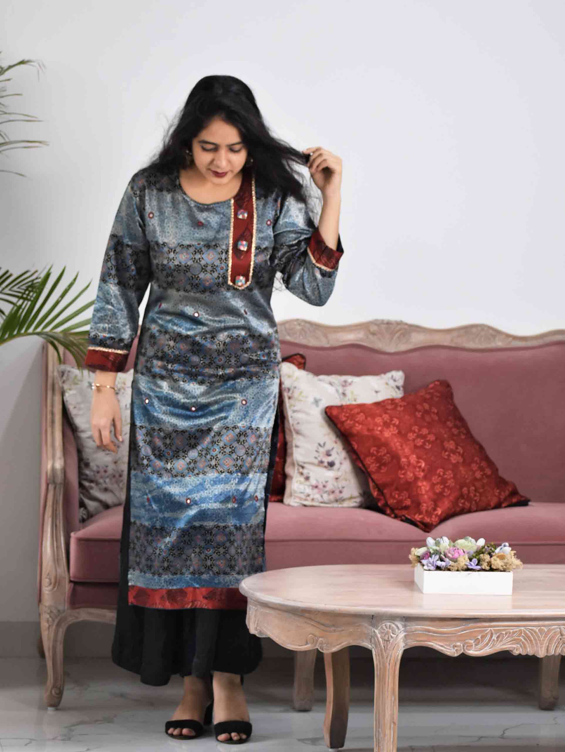 Blue Maroon Ajrakh Mashru Silk Kurti