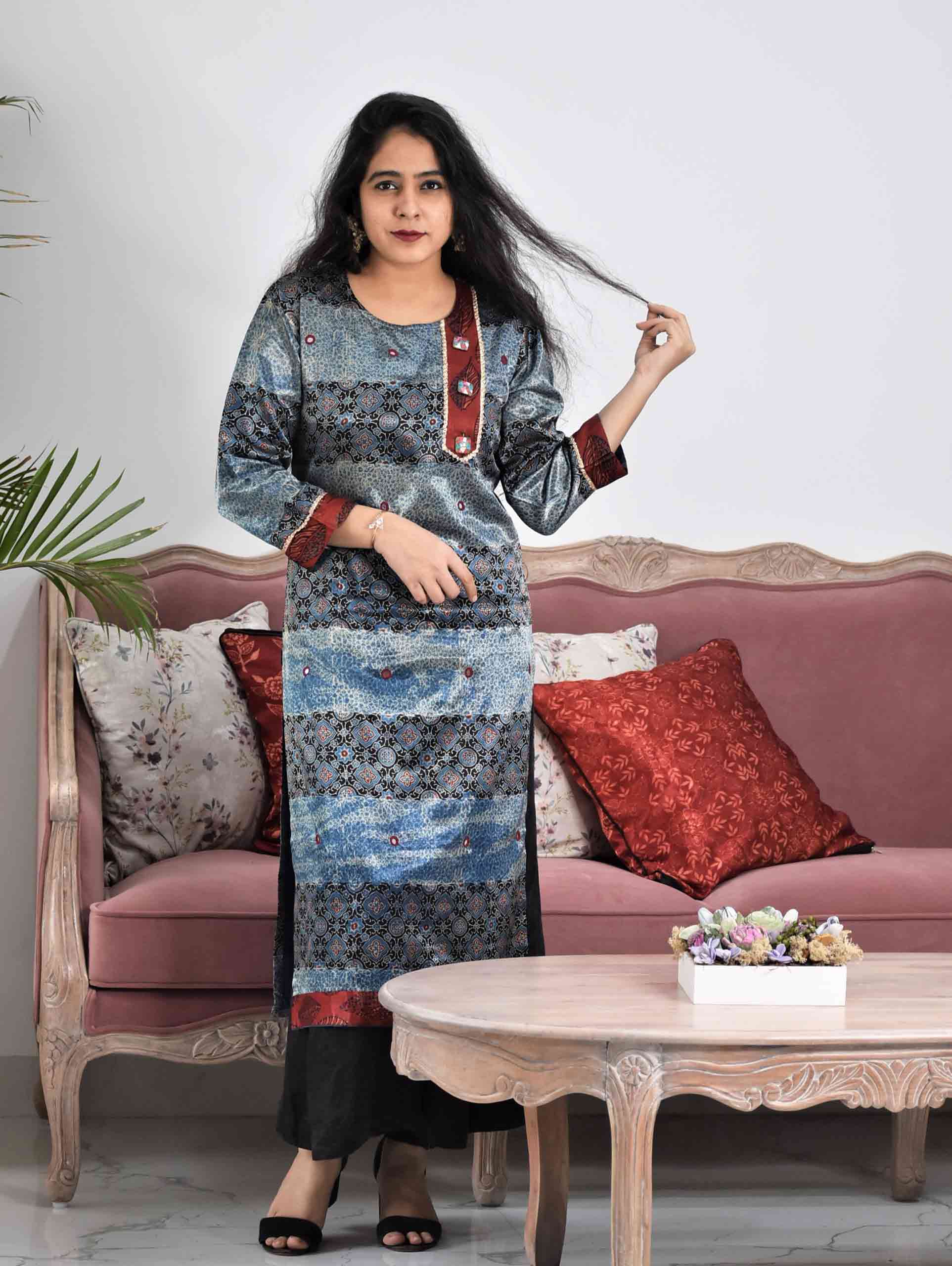 Blue Maroon Ajrakh Mashru Silk Kurti