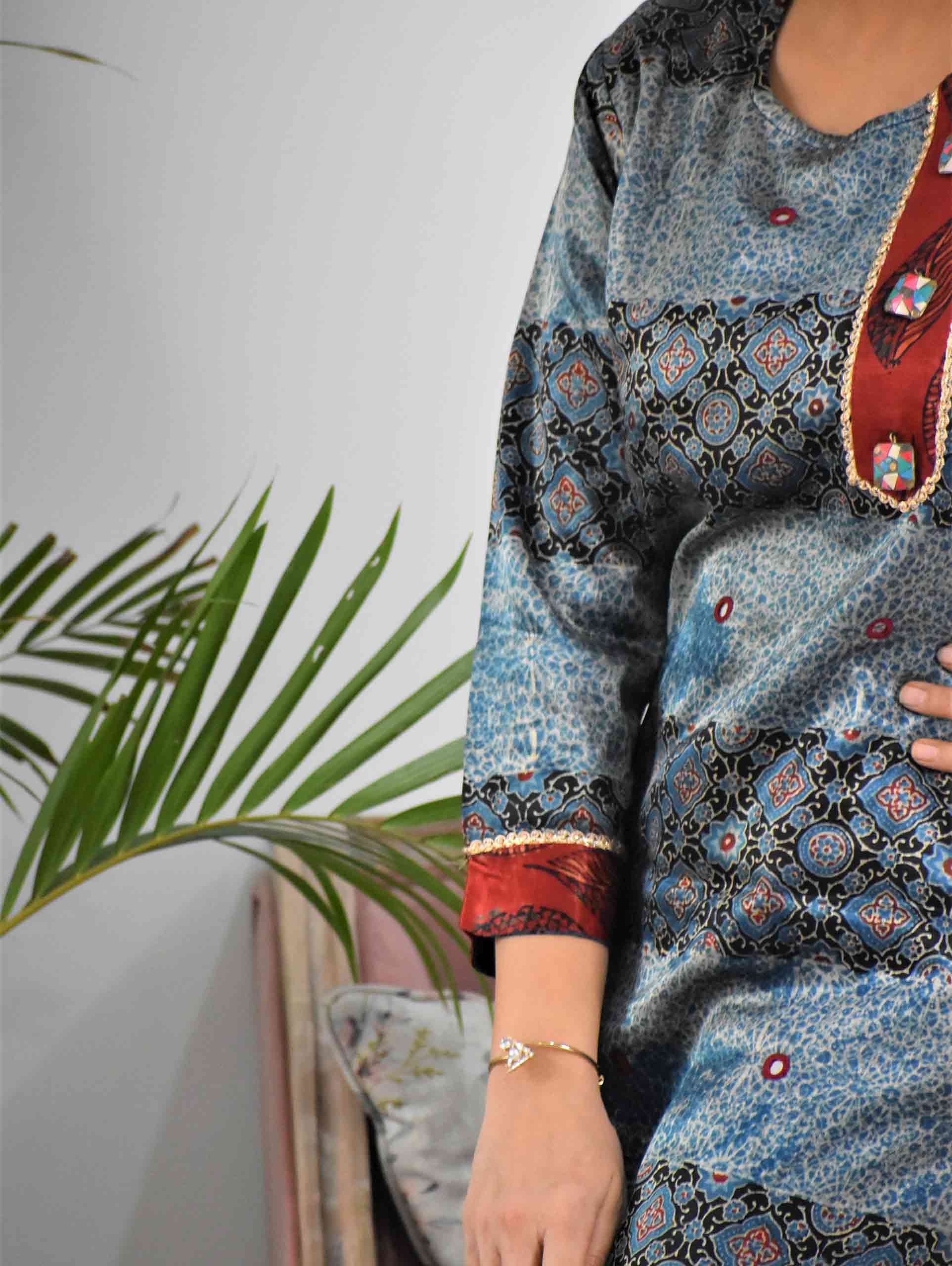 Blue Maroon Ajrakh Mashru Silk Kurti