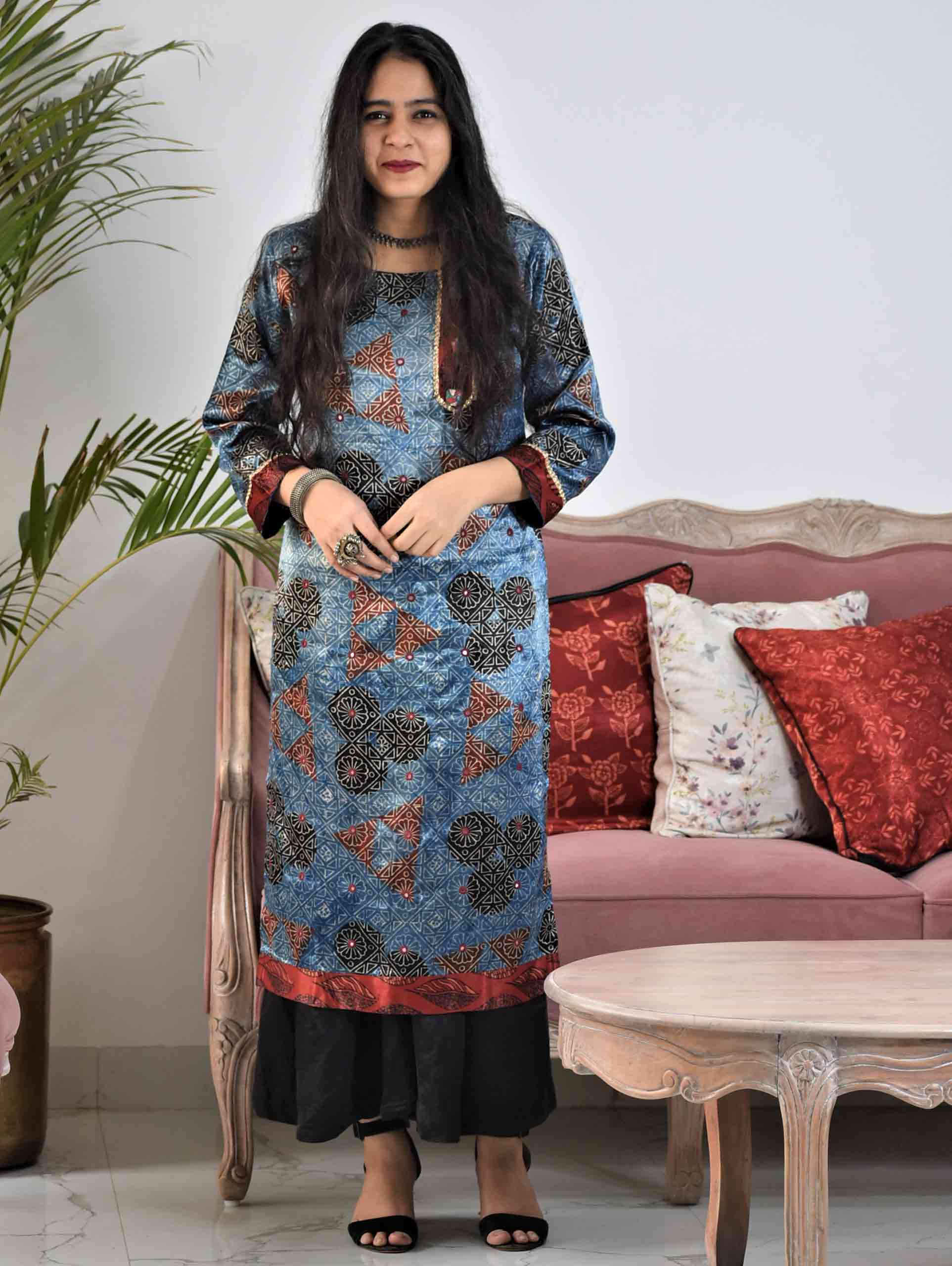 Blue Ajrakh Mashru Silk Kurti