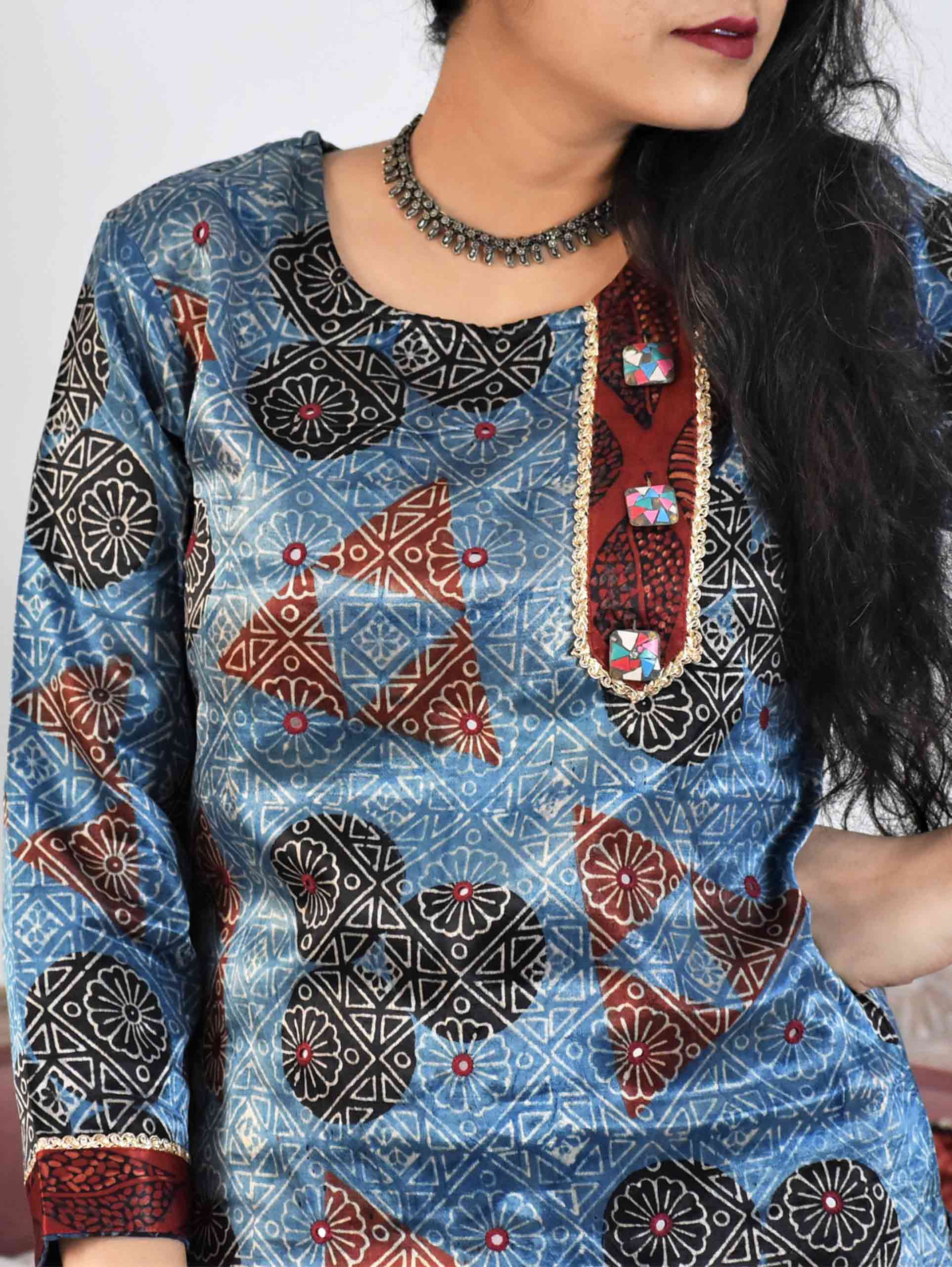 Blue Ajrakh Mashru Silk Kurti