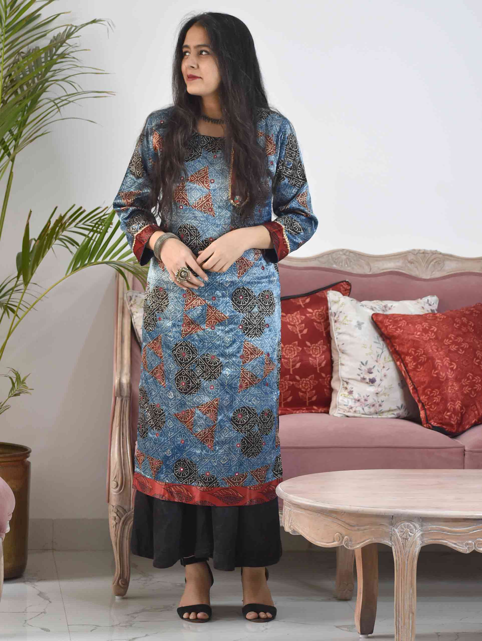 Blue Ajrakh Mashru Silk Kurti