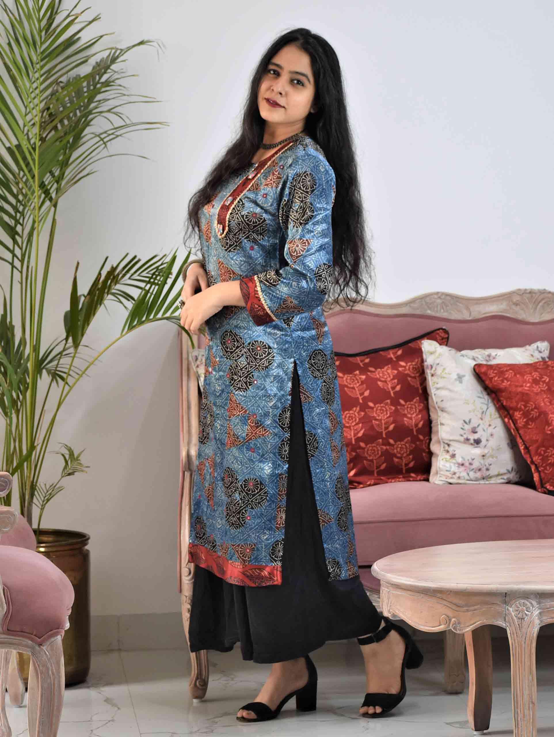 Blue Ajrakh Mashru Silk Kurti