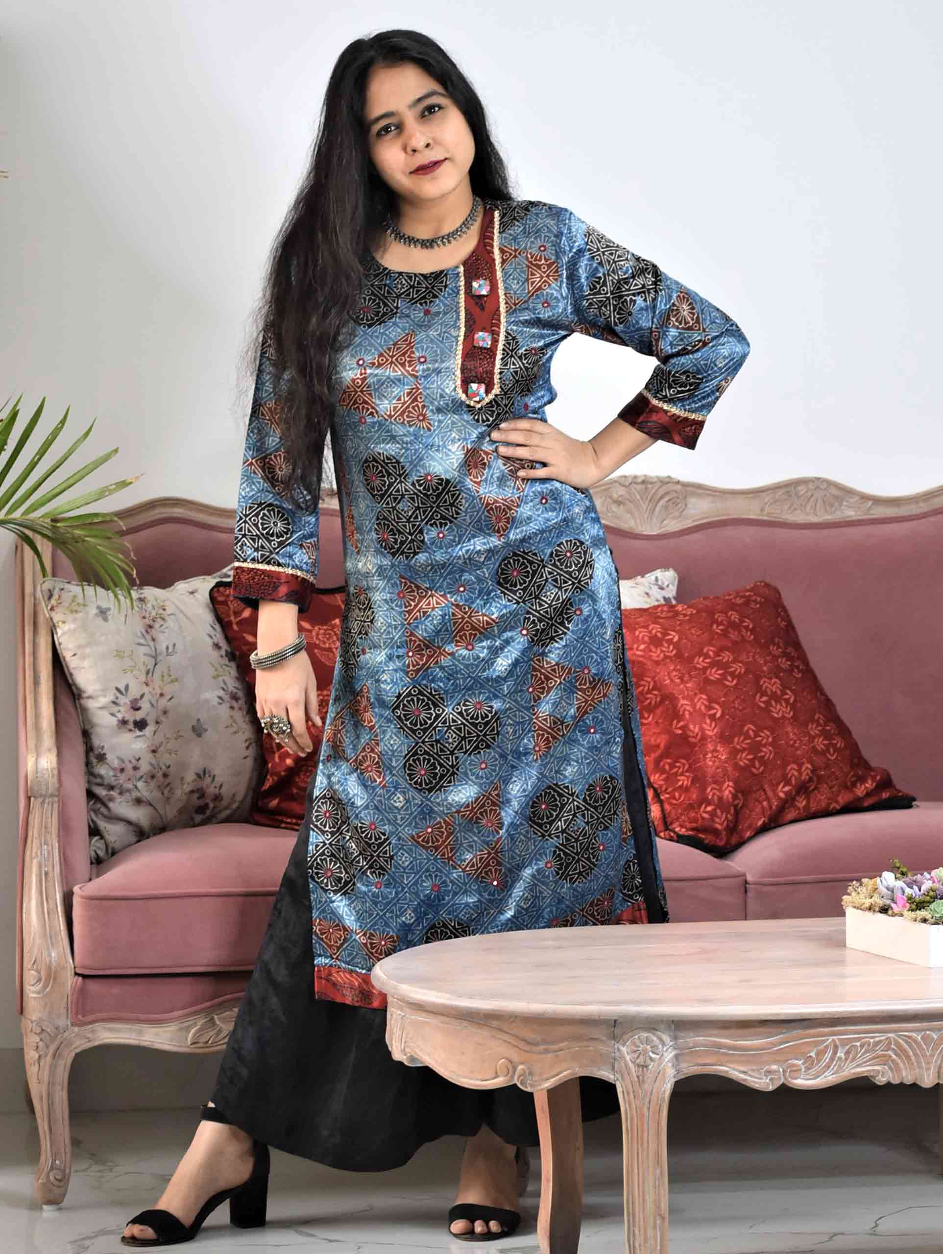 Blue Ajrakh Mashru Silk Kurti