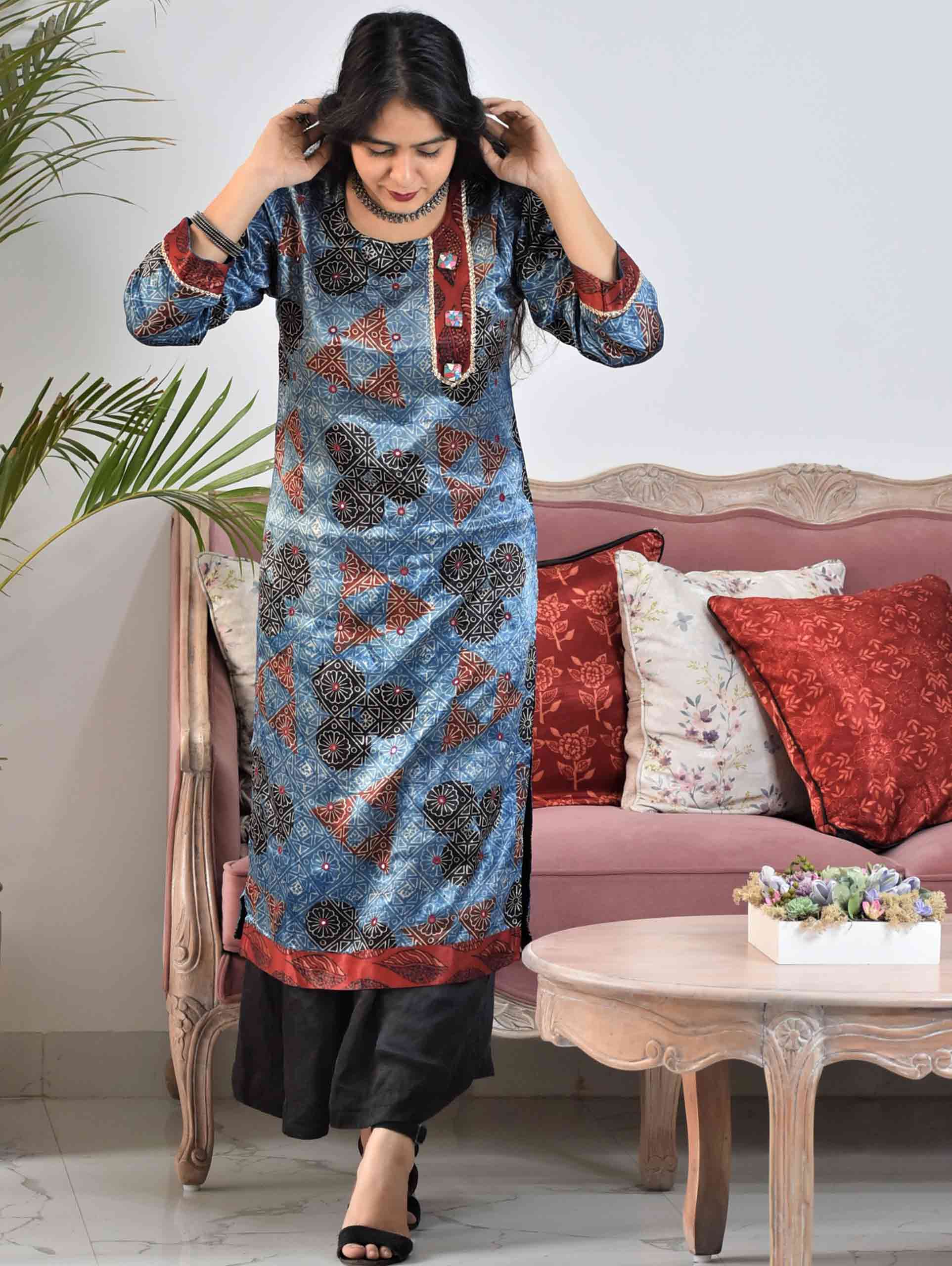 Blue Ajrakh Mashru Silk Kurti