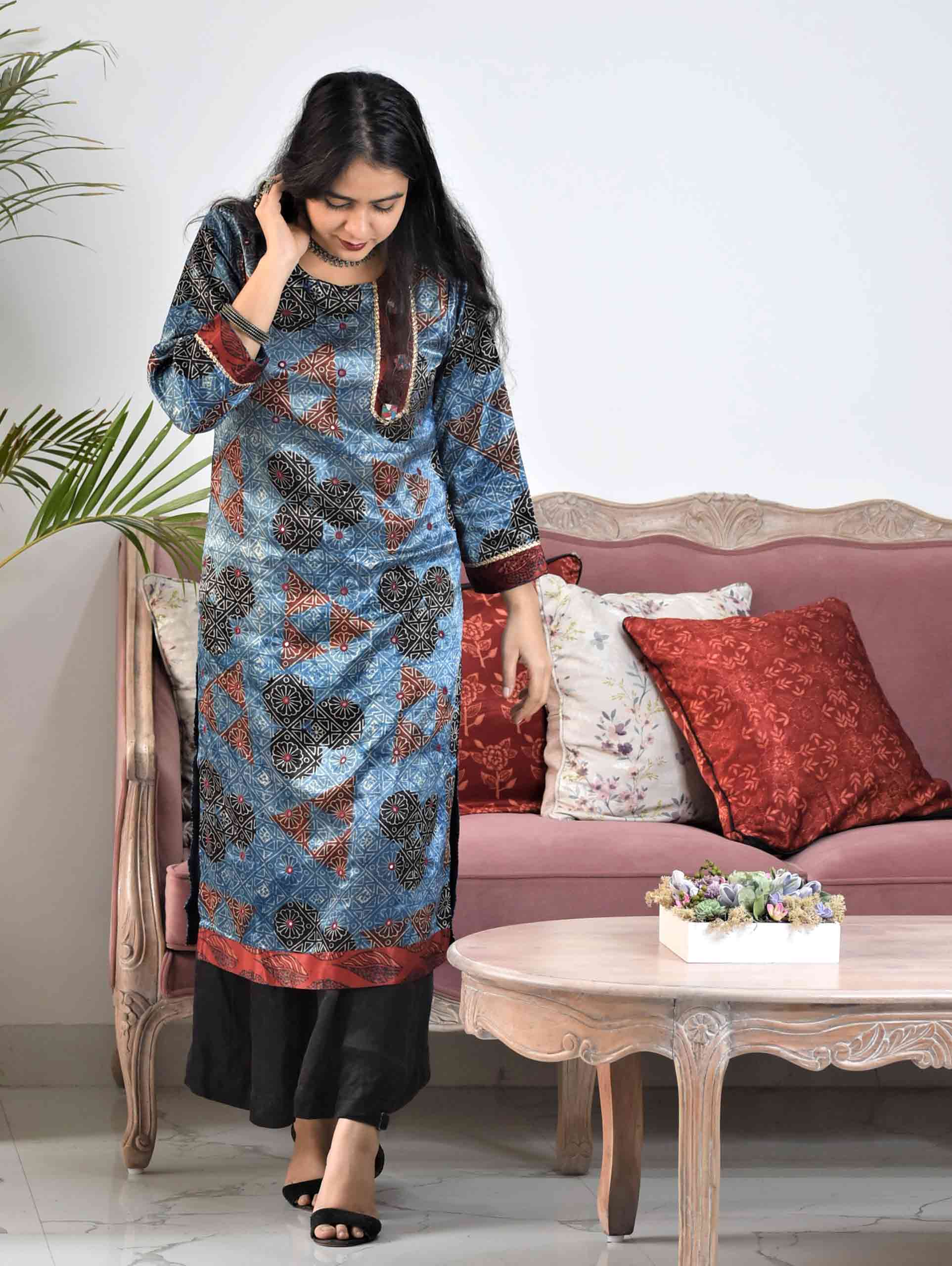 Blue Ajrakh Mashru Silk Kurti