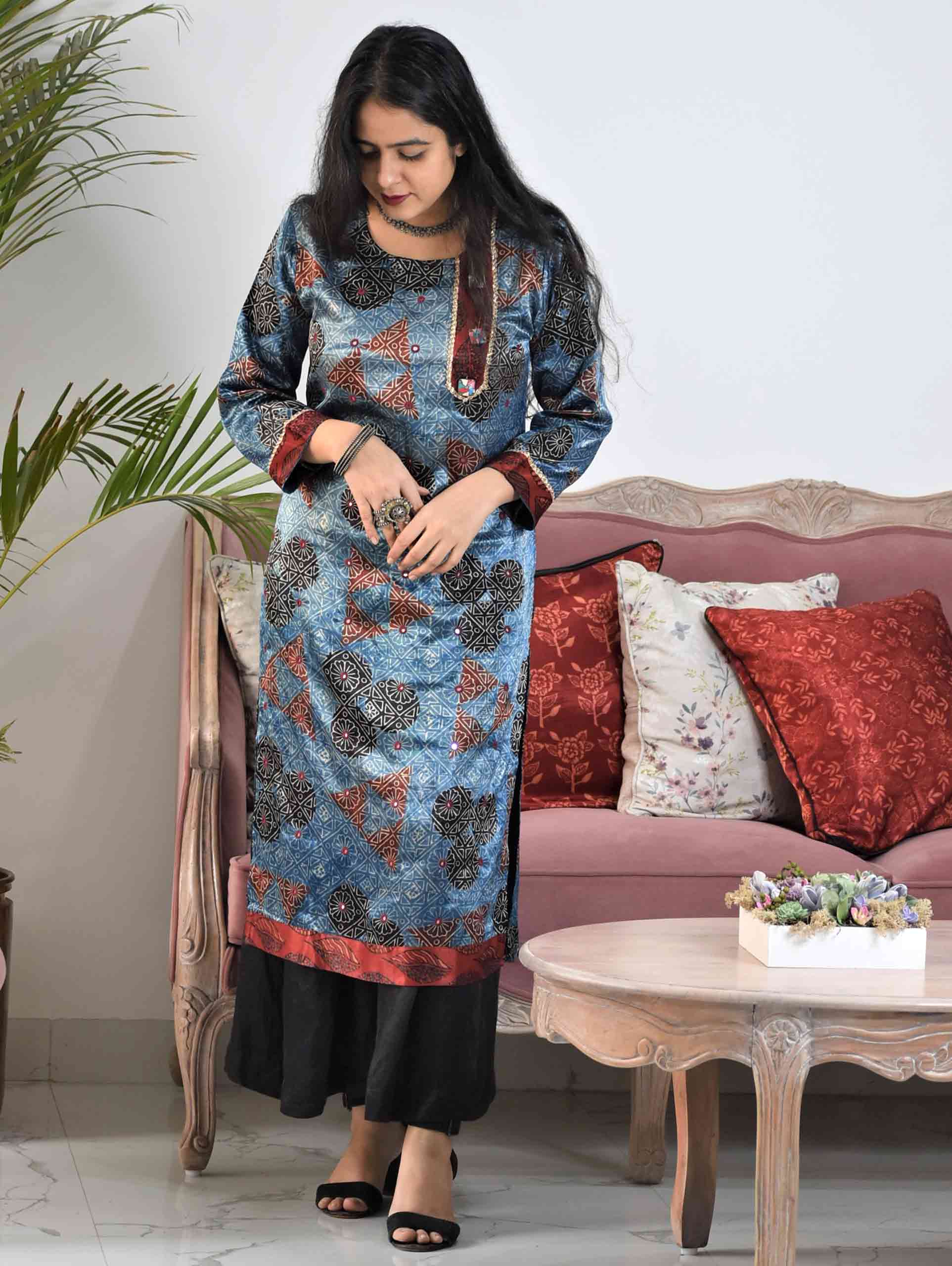 Blue Ajrakh Mashru Silk Kurti