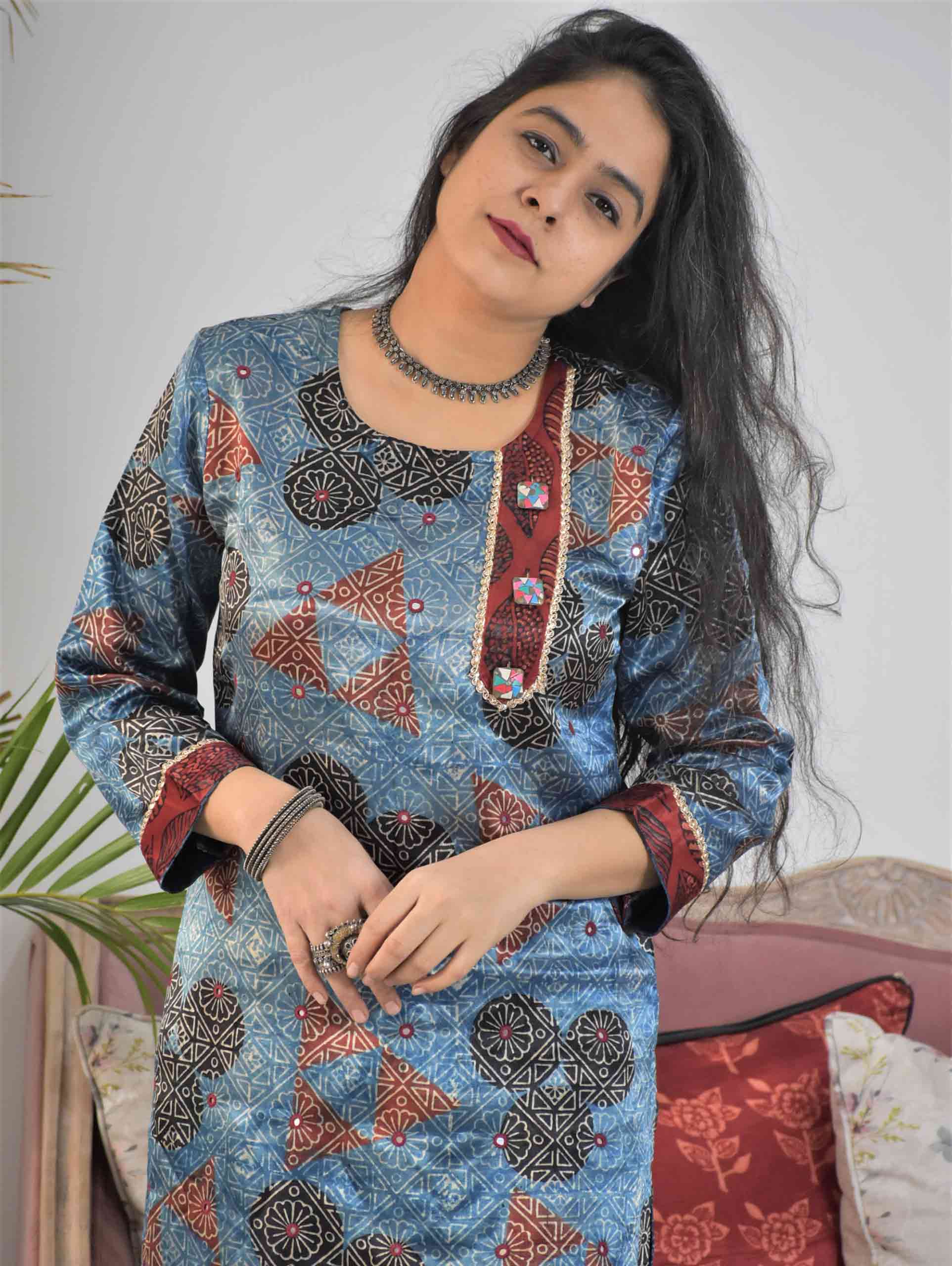 Blue Ajrakh Mashru Silk Kurti