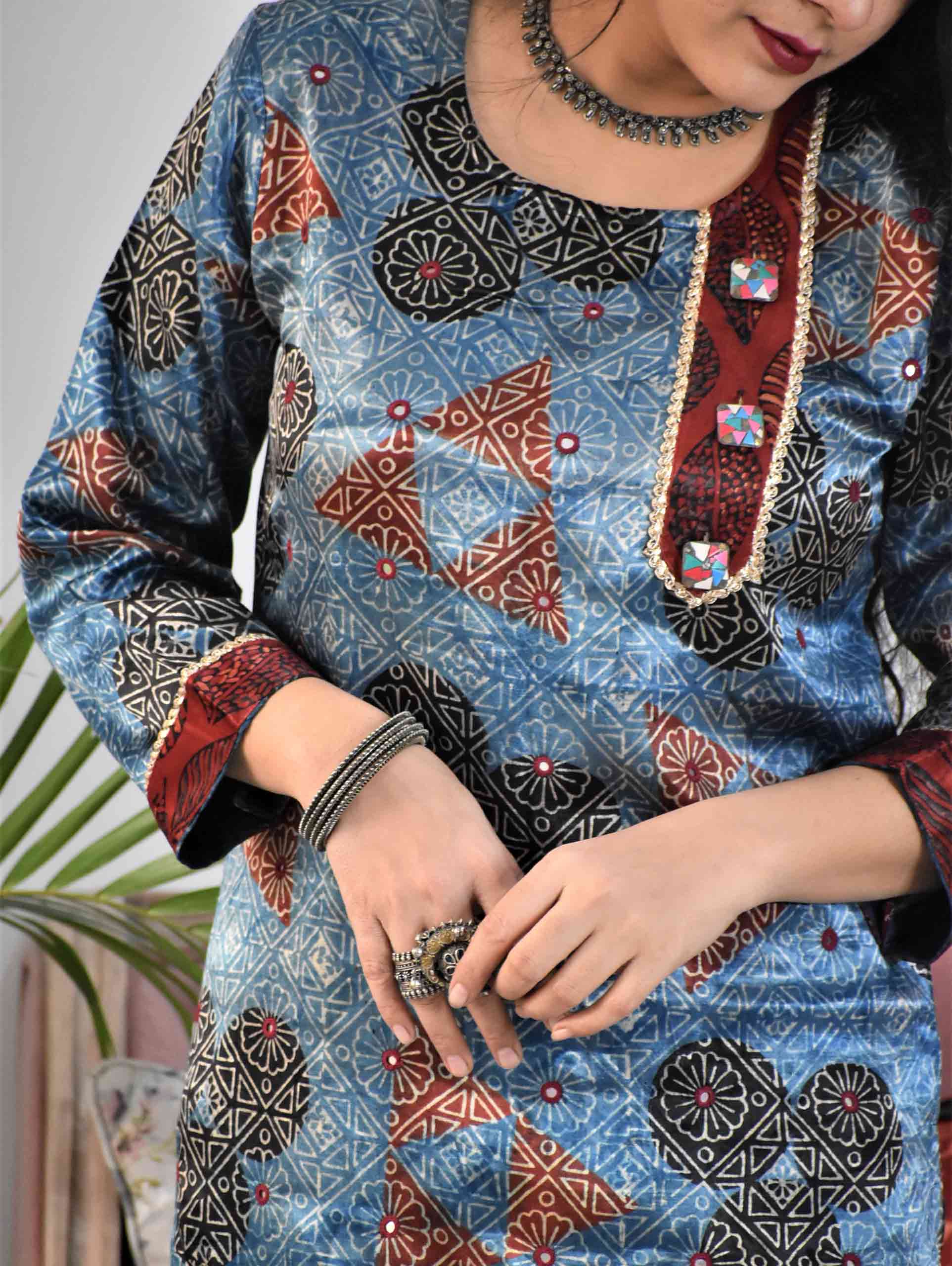 Blue Ajrakh Mashru Silk Kurti