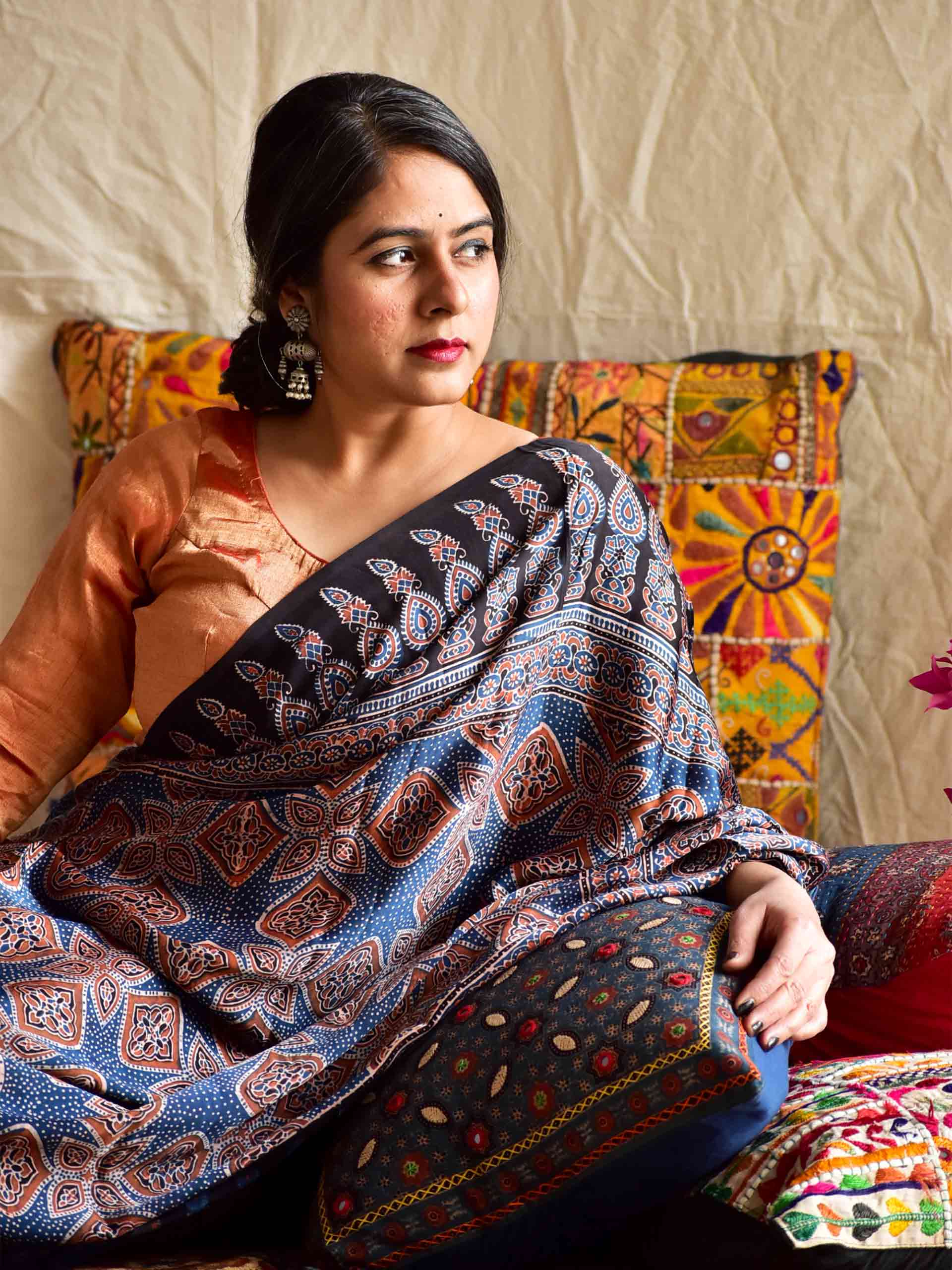 Luna - Ajrakh hand block printed Modal Silk Saree