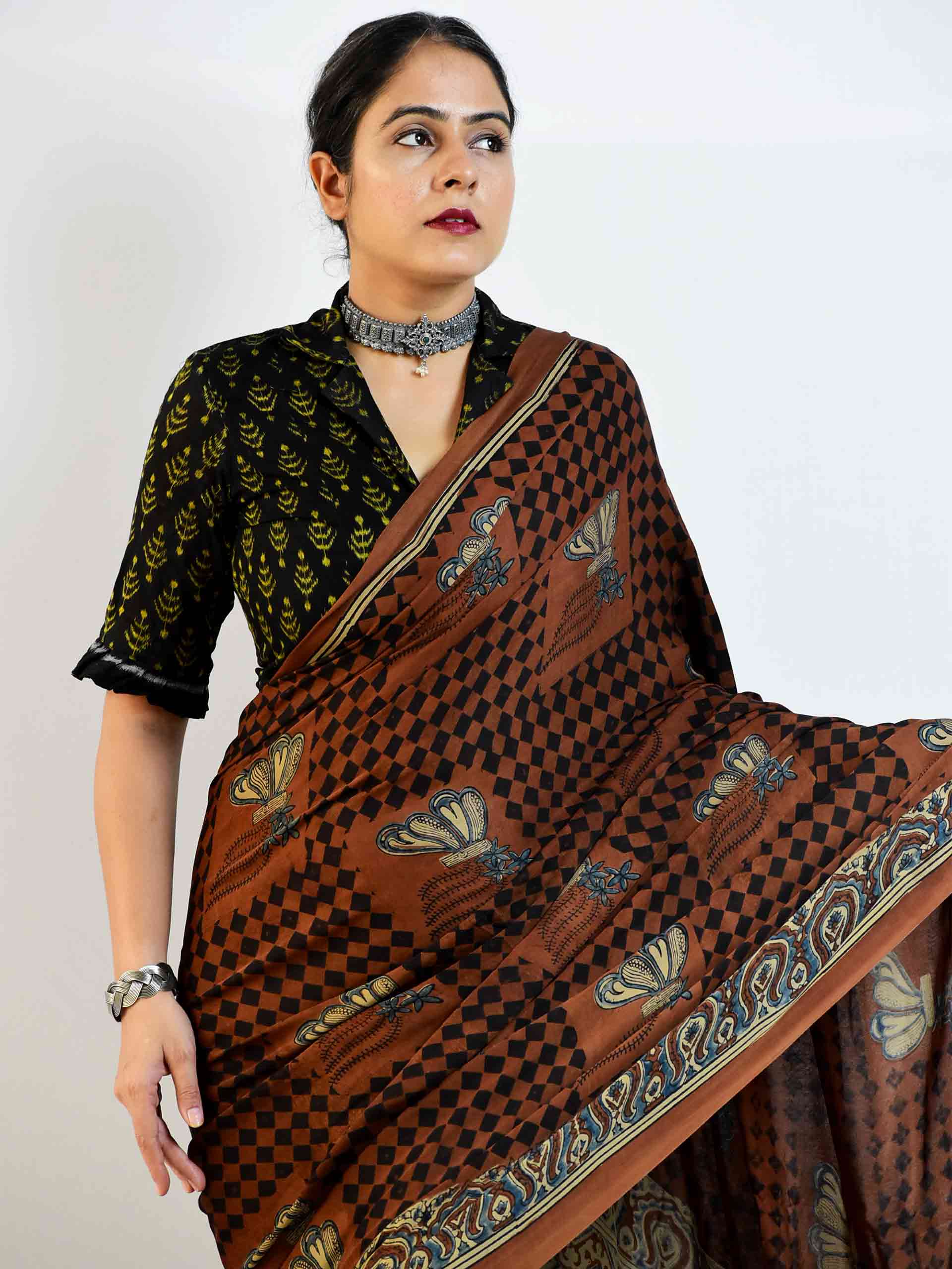 Rover - Ajrakh hand block printed Modal Silk Saree wih zari pallu
