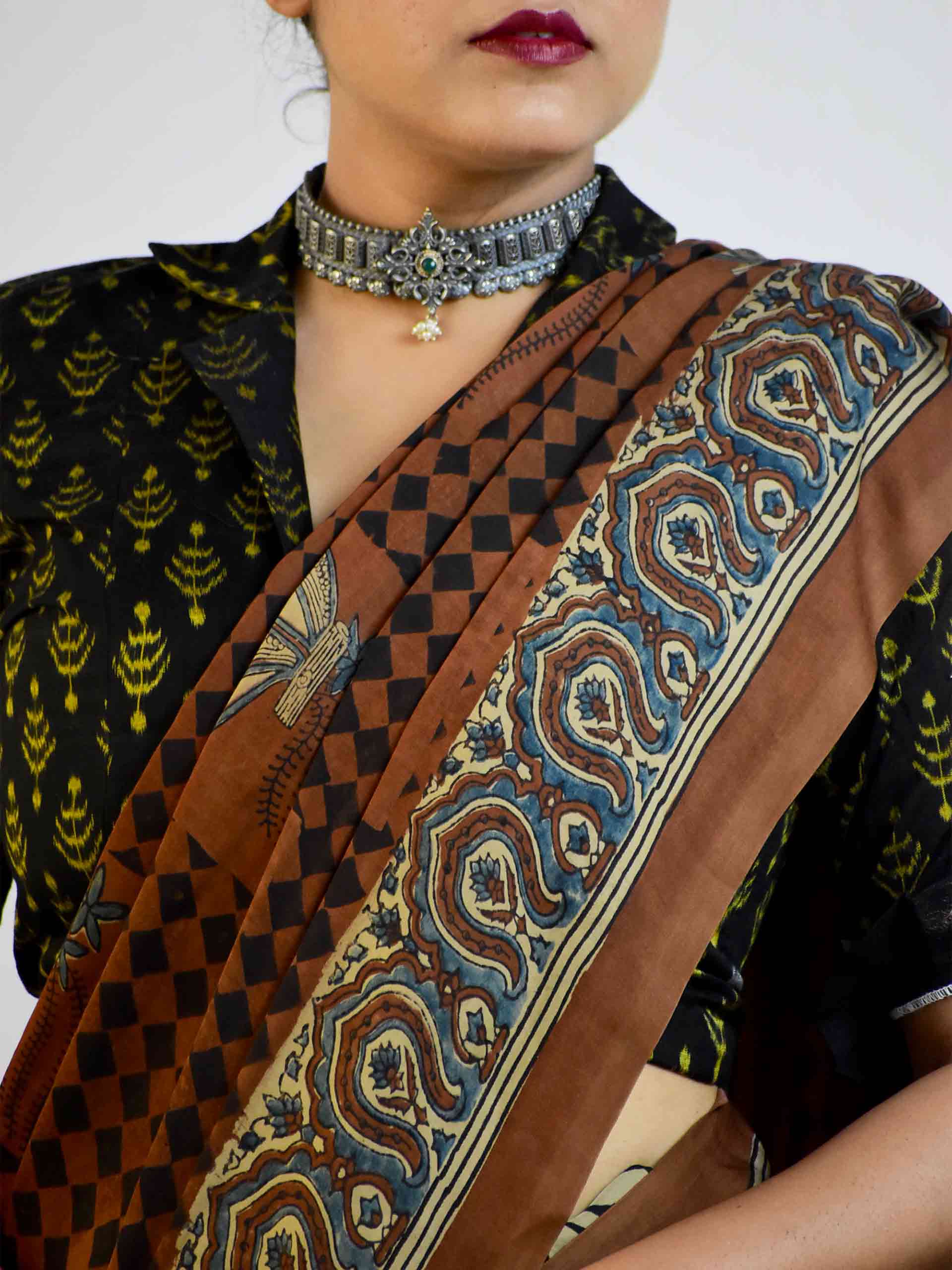 Rover - Ajrakh hand block printed Modal Silk Saree wih zari pallu