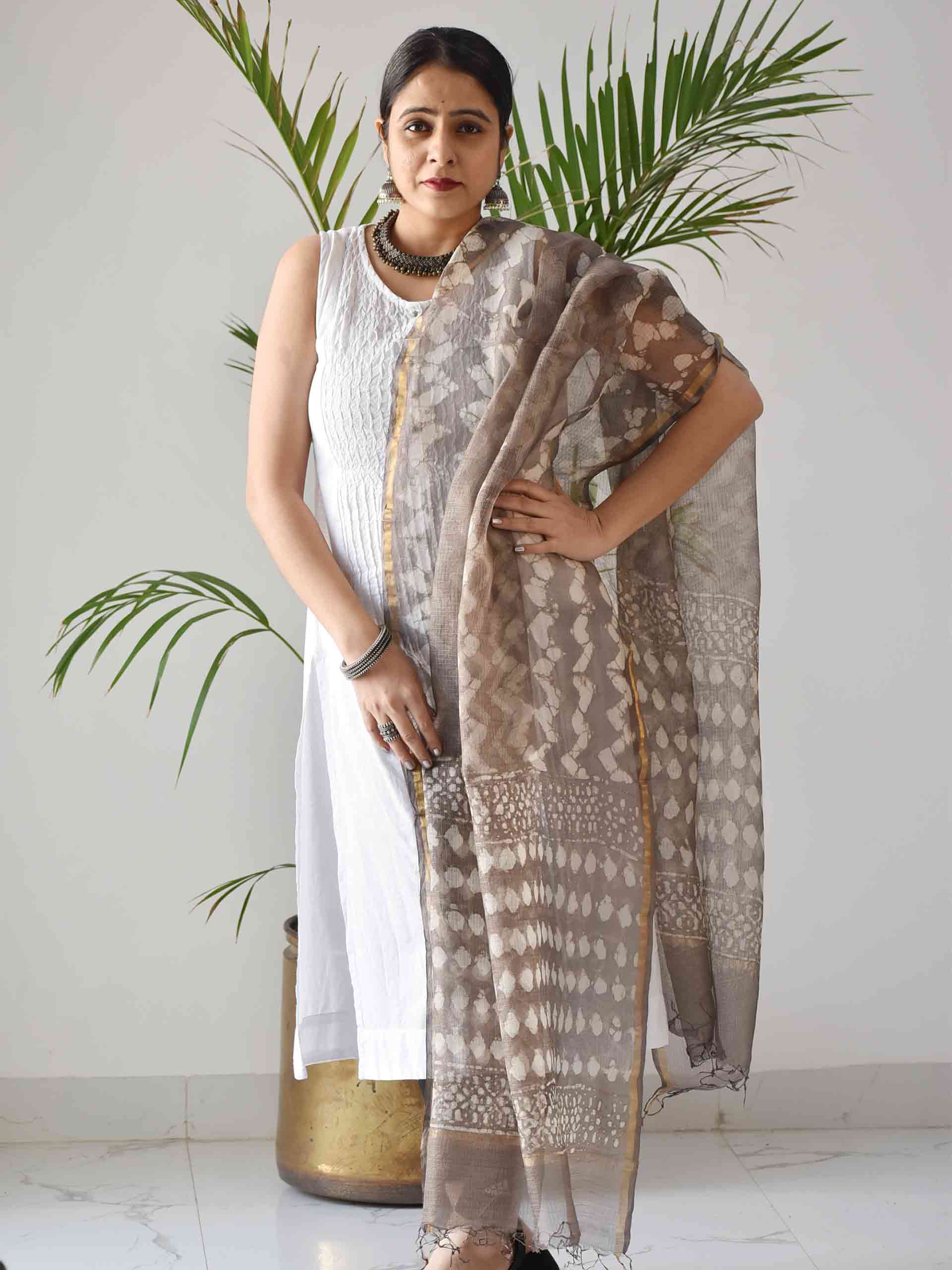 Grey Chevron Dabu Kota Silk Dupatta