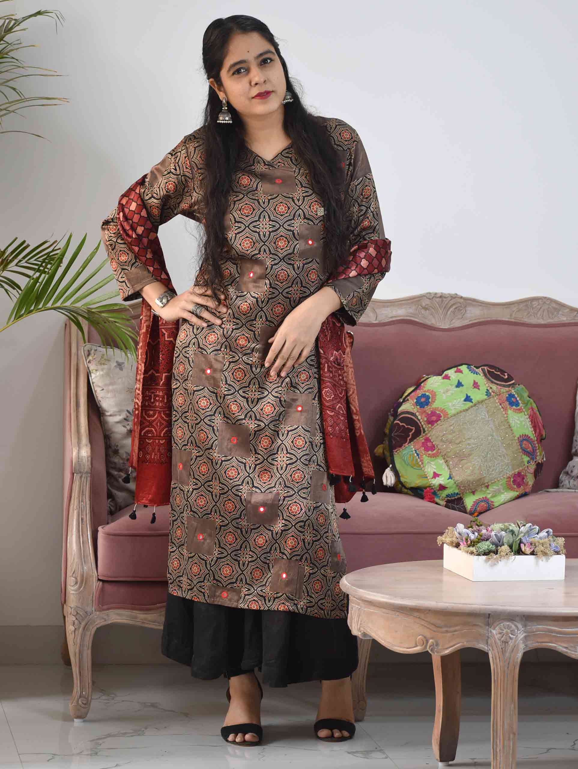 Buy Blue Ajrakh Mashru Silk Kurti Online