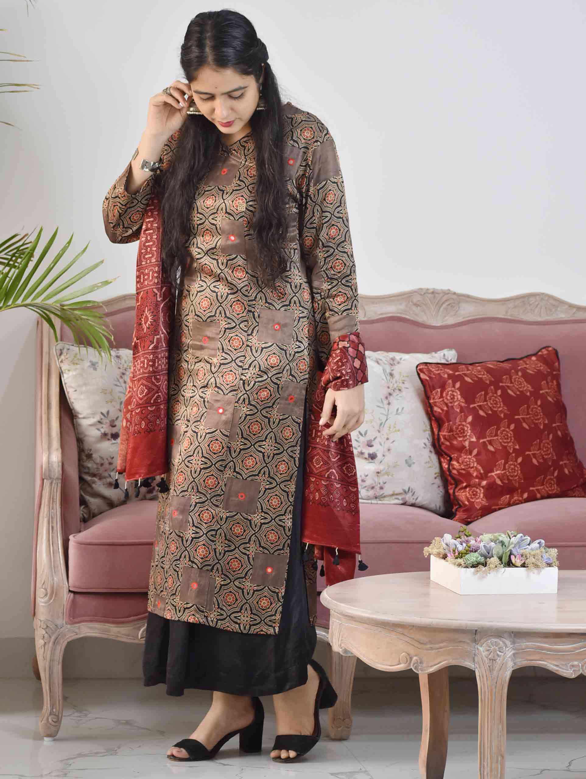 Brown Ajrakh Mashru Silk Kurti