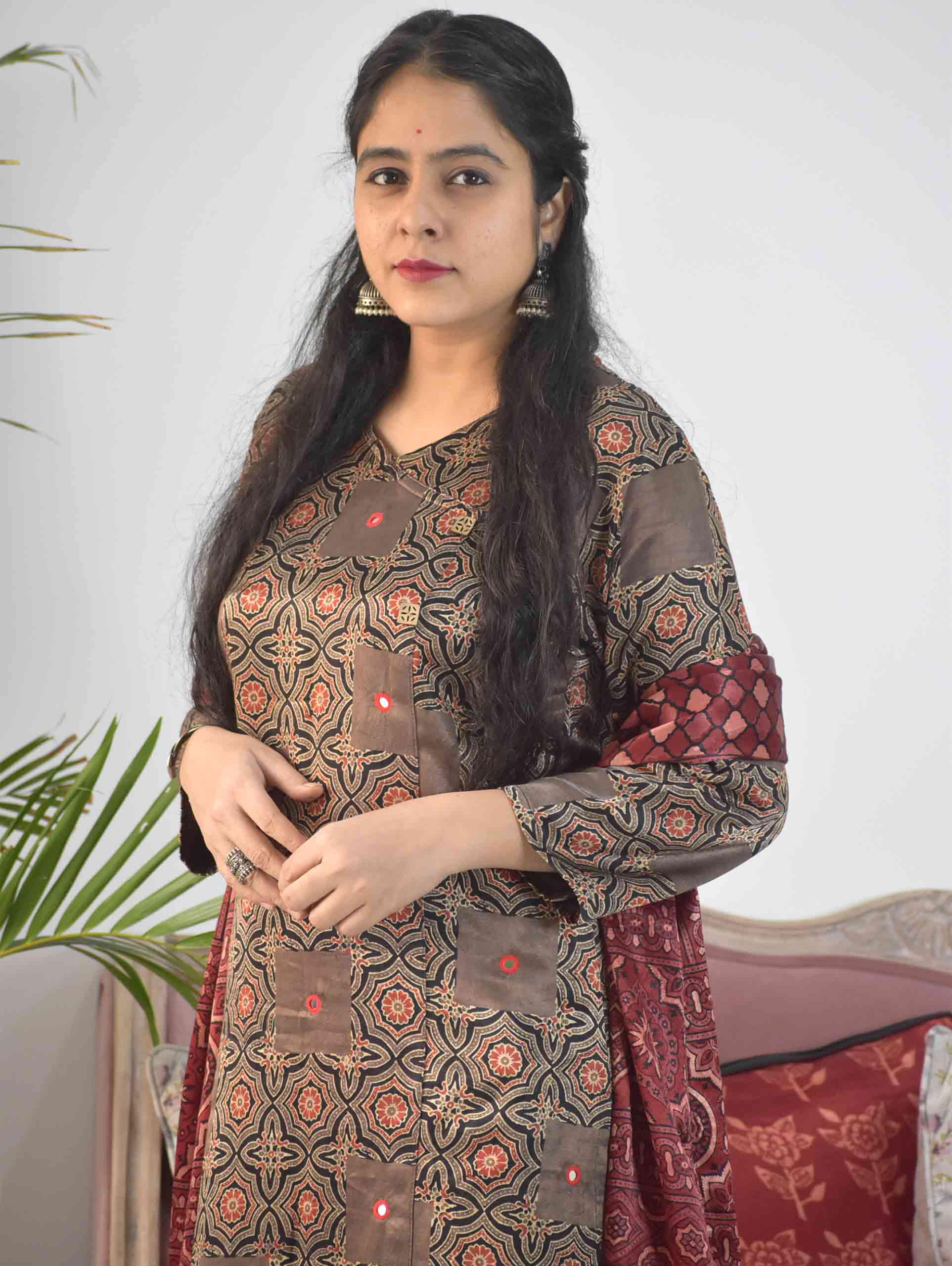 Brown Ajrakh Mashru Silk Kurti