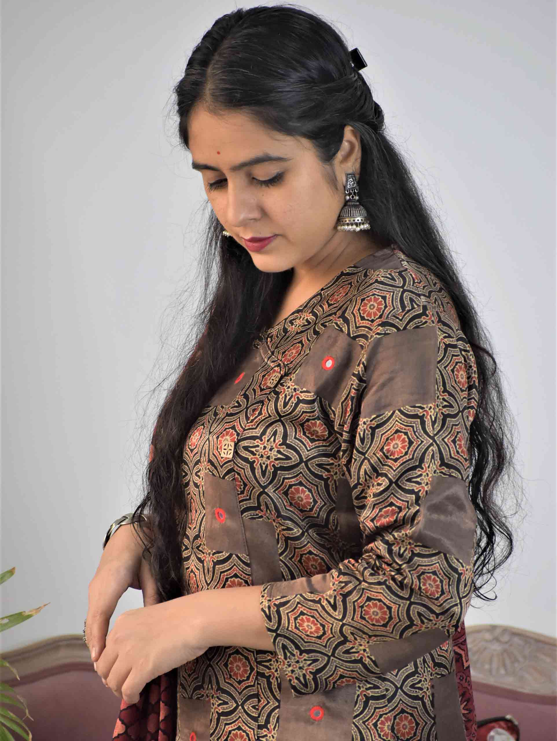 Brown Ajrakh Mashru Silk Kurti Dress