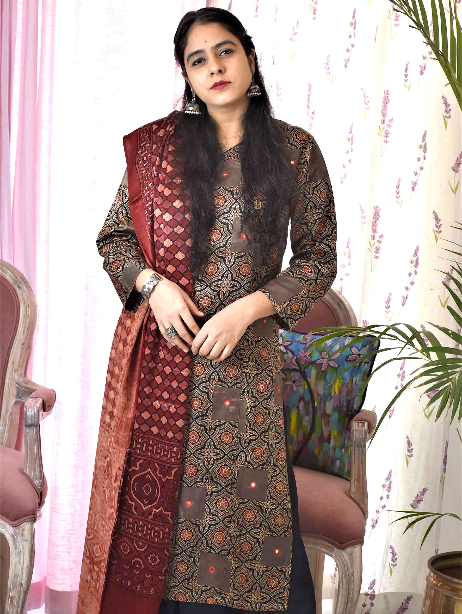 Brown Ajrakh Mashru Silk Kurti