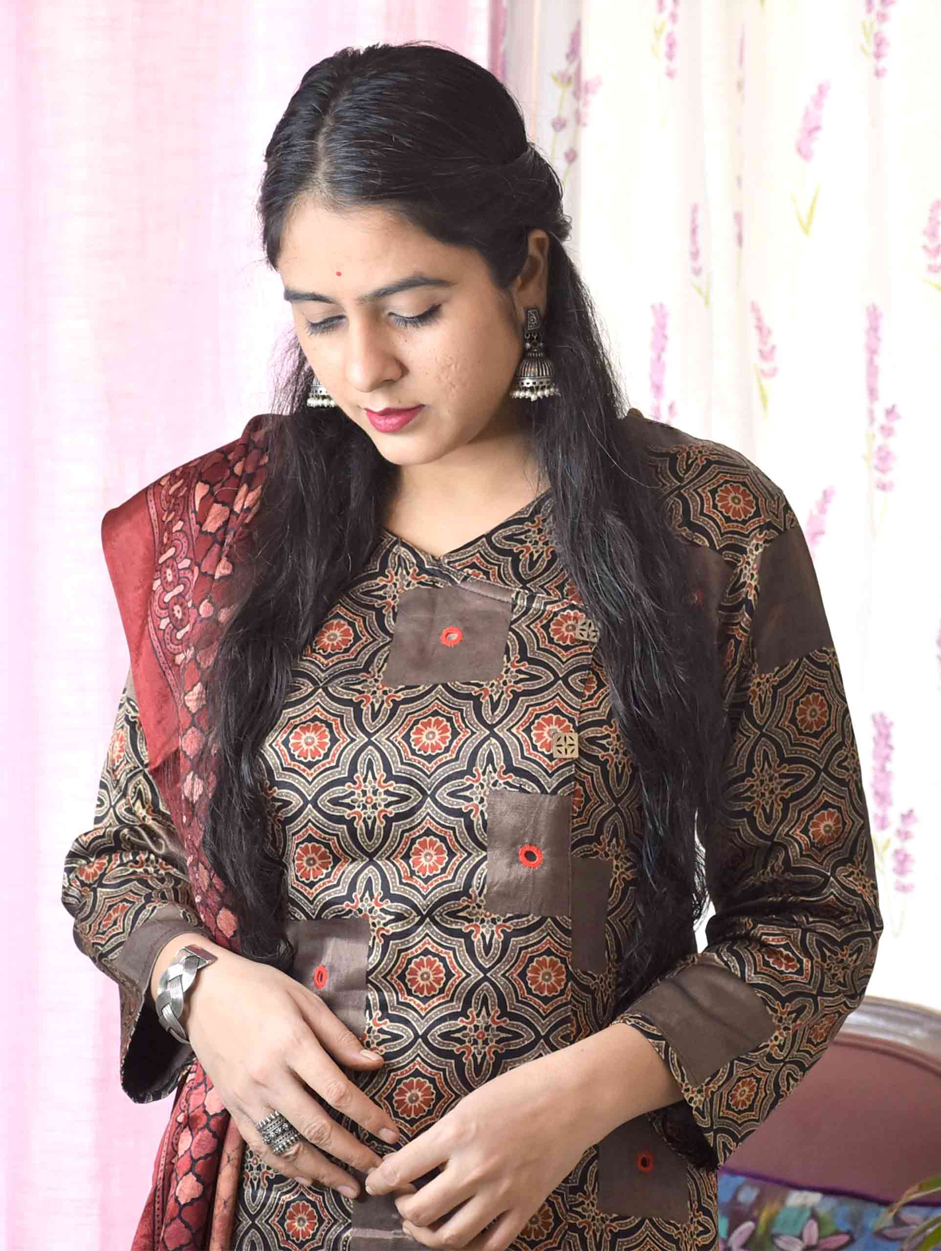 Brown Ajrakh Mashru Silk Kurti