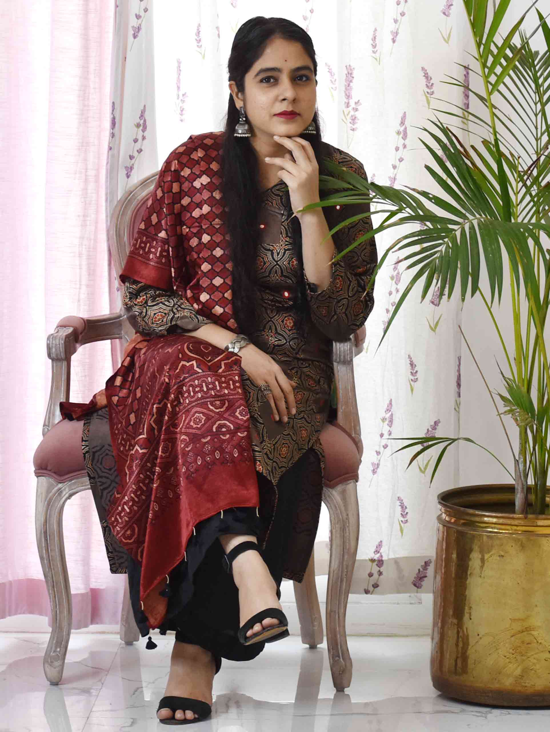 Brown Ajrakh Mashru Silk Kurti